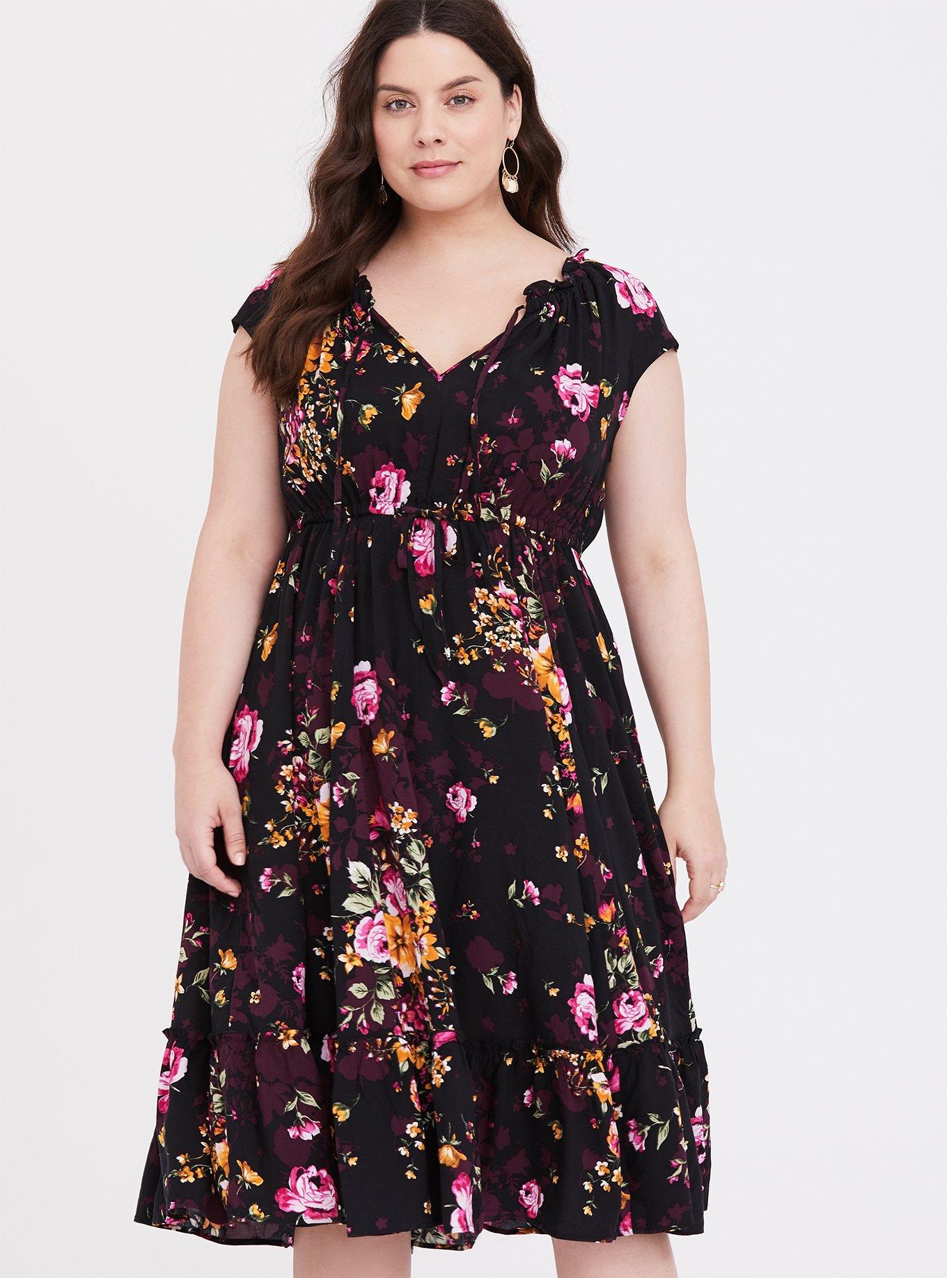Plus Size - Black Floral Tie Front Challis Midi Dress - Torrid