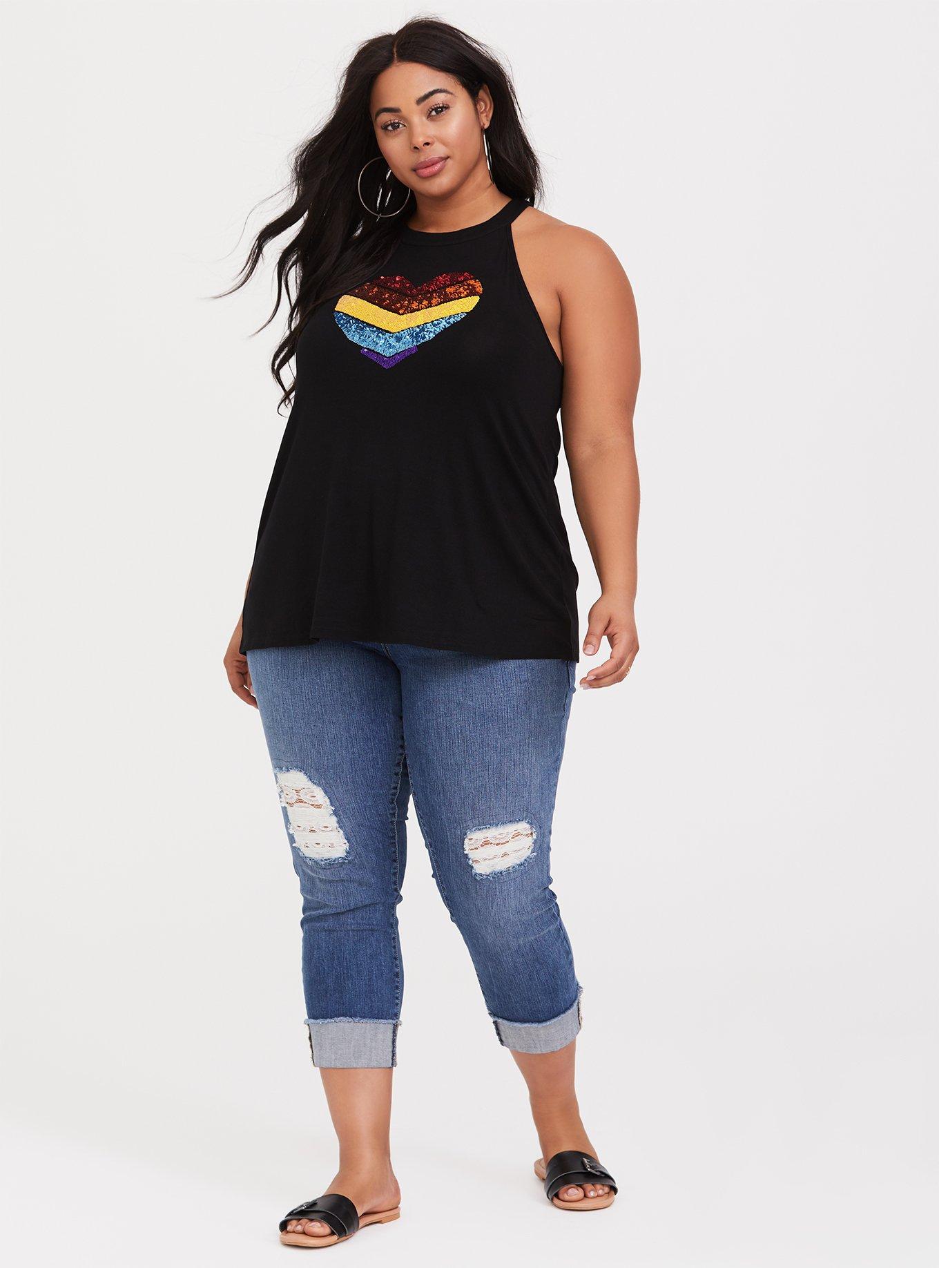 Plus Size Super Soft Black Sequin Heart Tank, DEEP BLACK, alternate