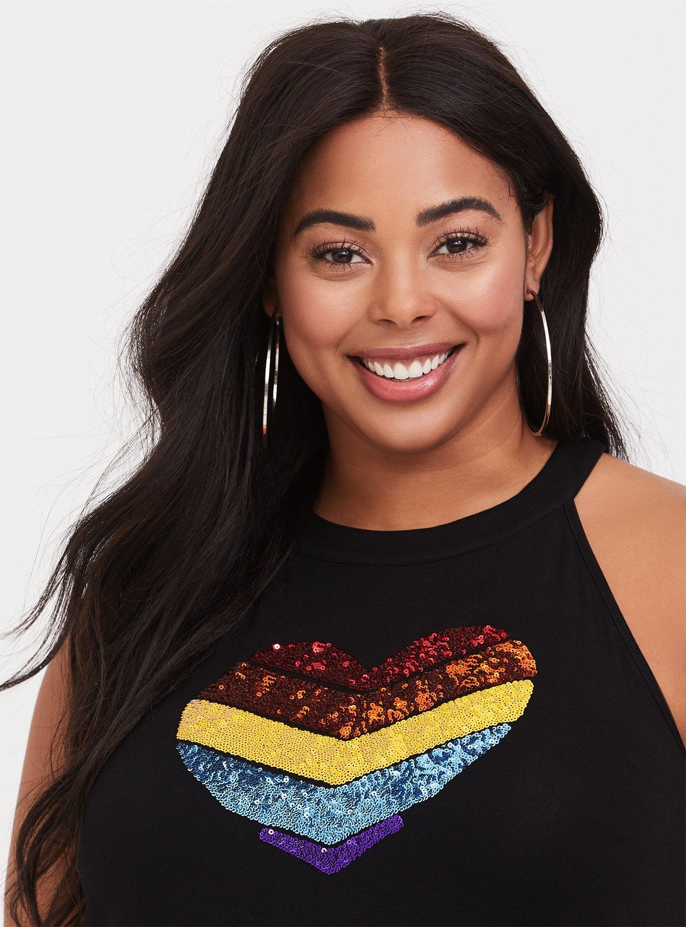 Plus Size Super Soft Black Sequin Heart Tank, DEEP BLACK, alternate