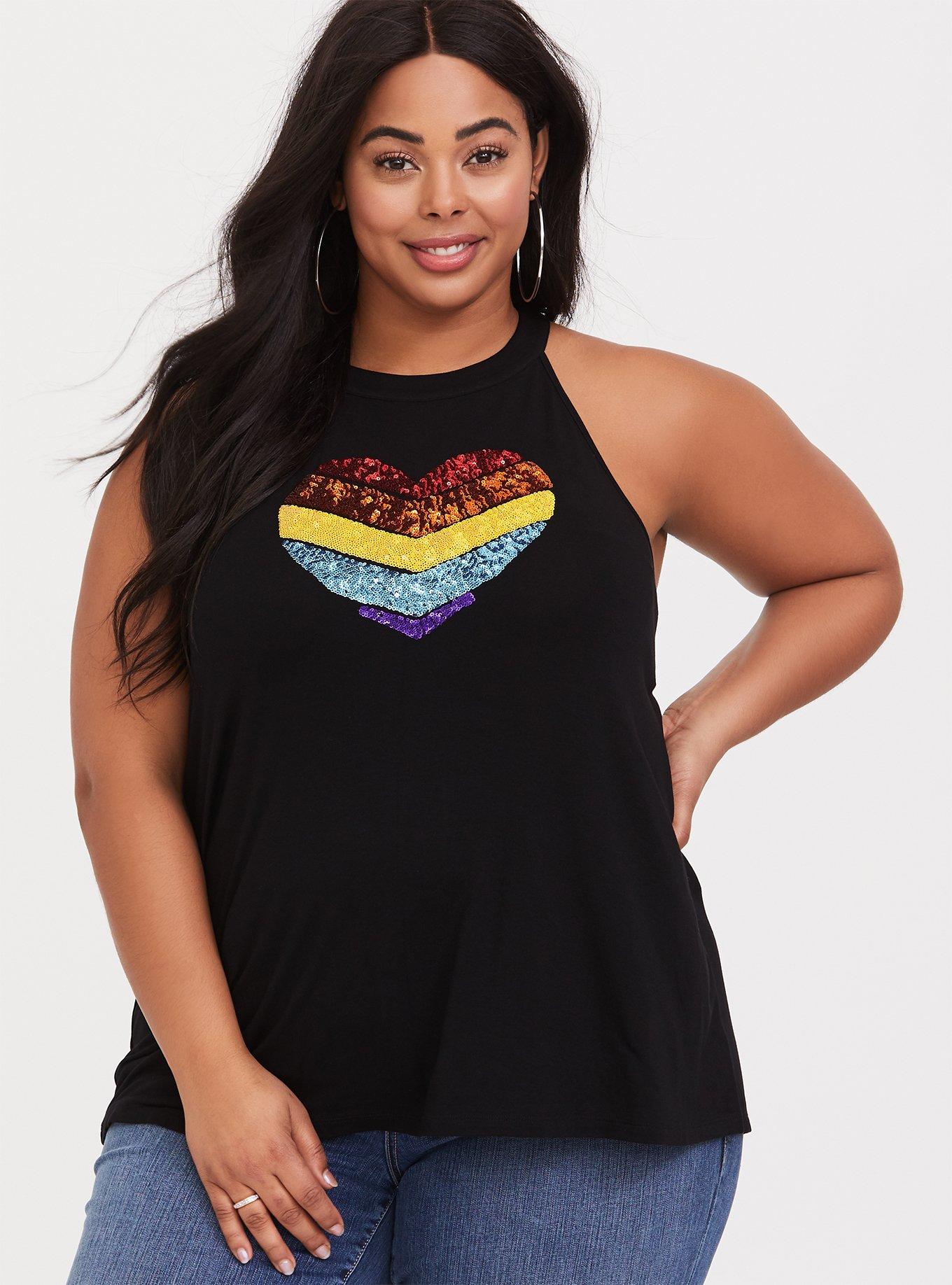 Plus Size Super Soft Black Sequin Heart Tank, DEEP BLACK, hi-res