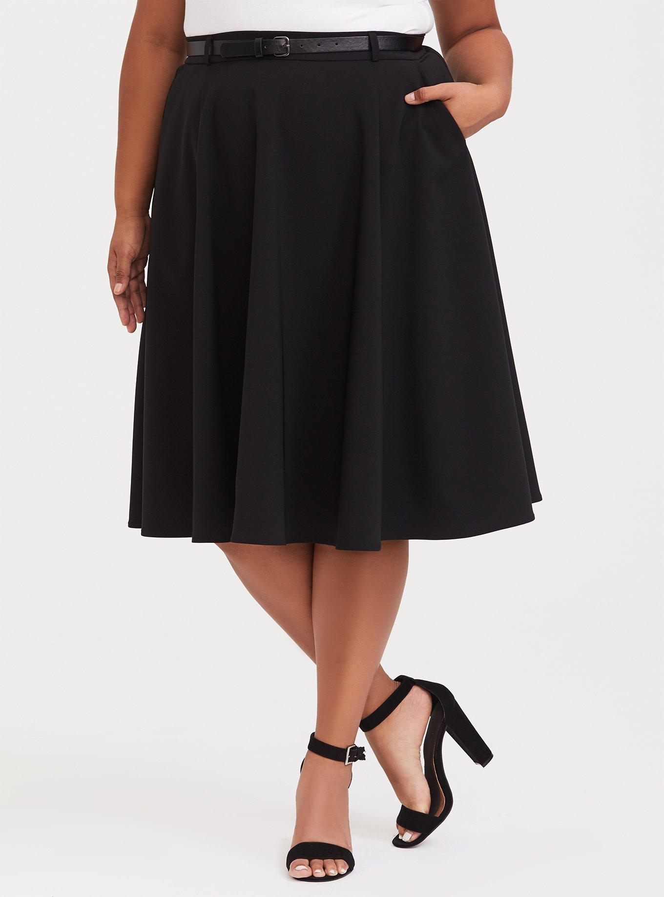Plus Size Black Midi Skater Skirt with Belt, DEEP BLACK, alternate