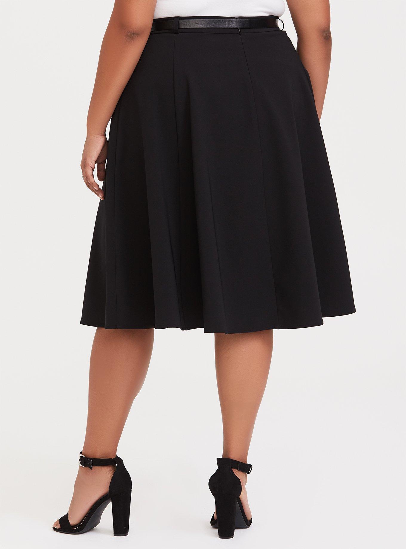 Plus Size Black Midi Skater Skirt with Belt, DEEP BLACK, alternate