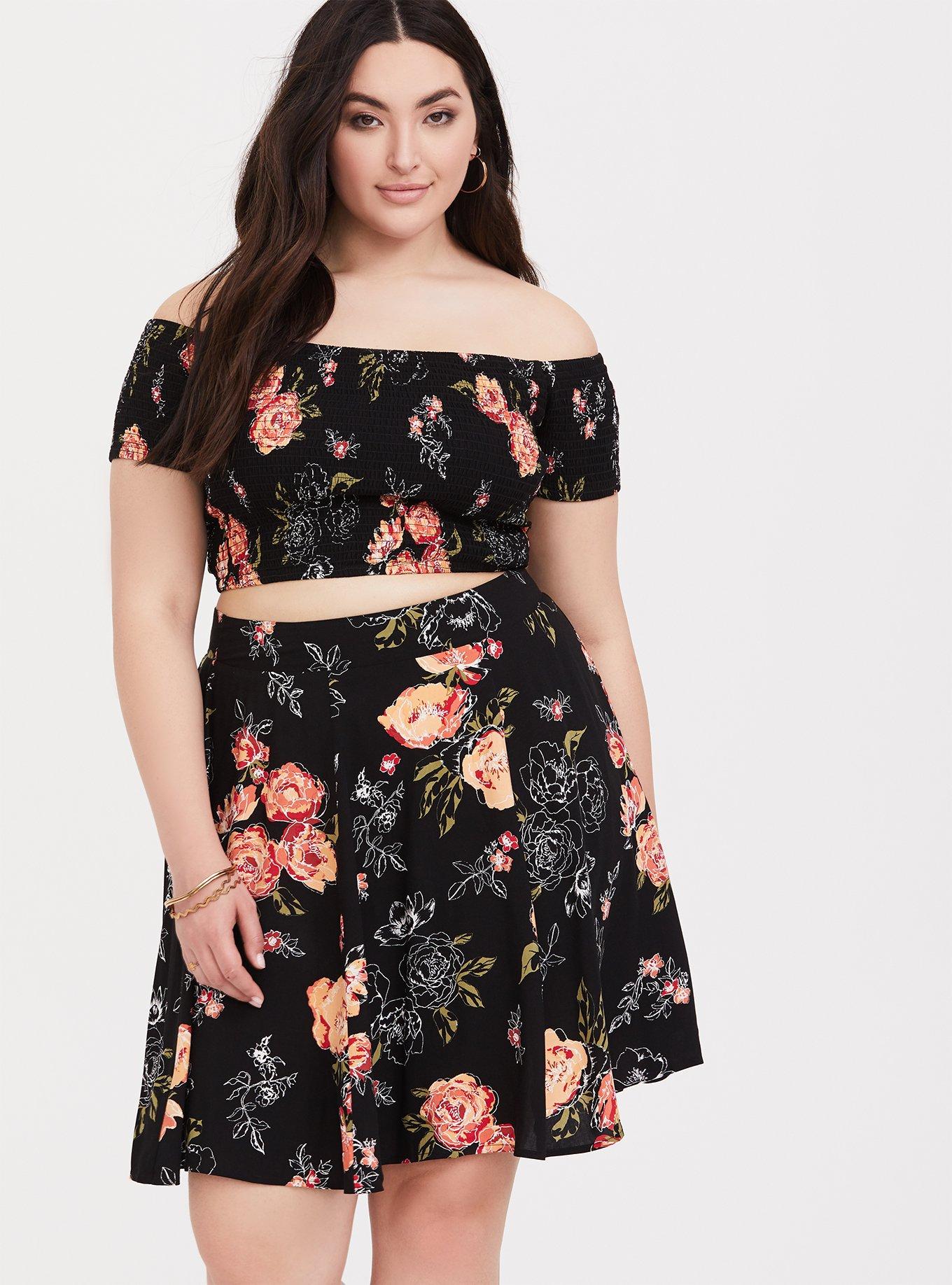 Plus Size Black Floral Challis Smocked Top Skirt 2-Piece Set