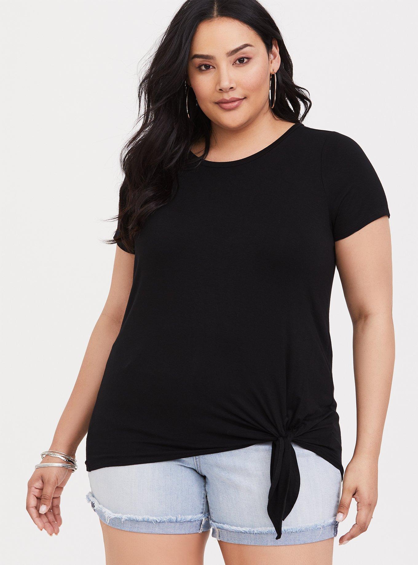 Plus Size Super Soft Black Tie-Front Tee, DEEP BLACK, hi-res