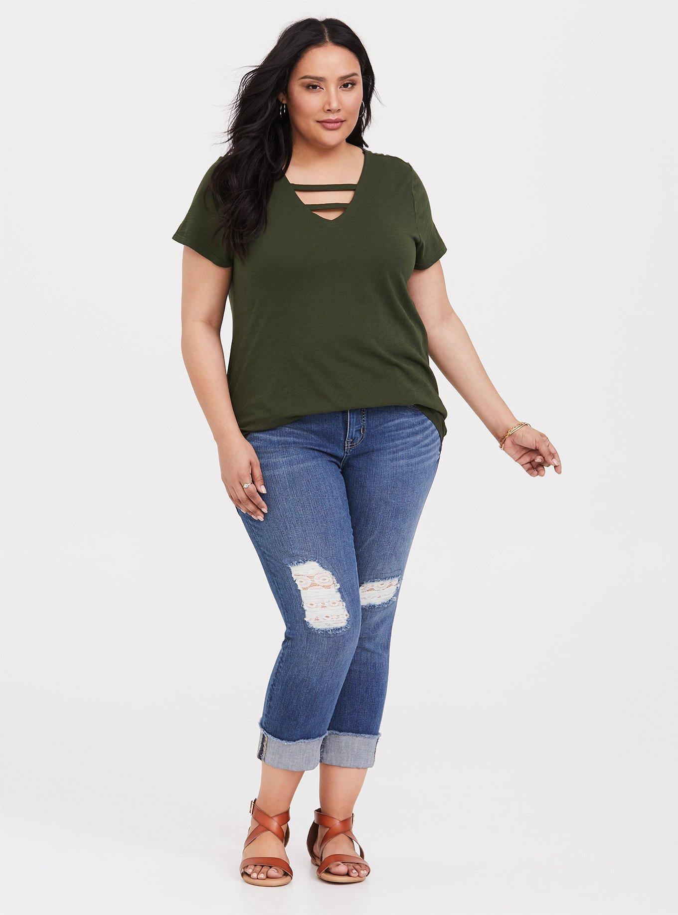 Plus Size Premium Olive Ladder Neck Tee, DEEP DEPTHS, alternate