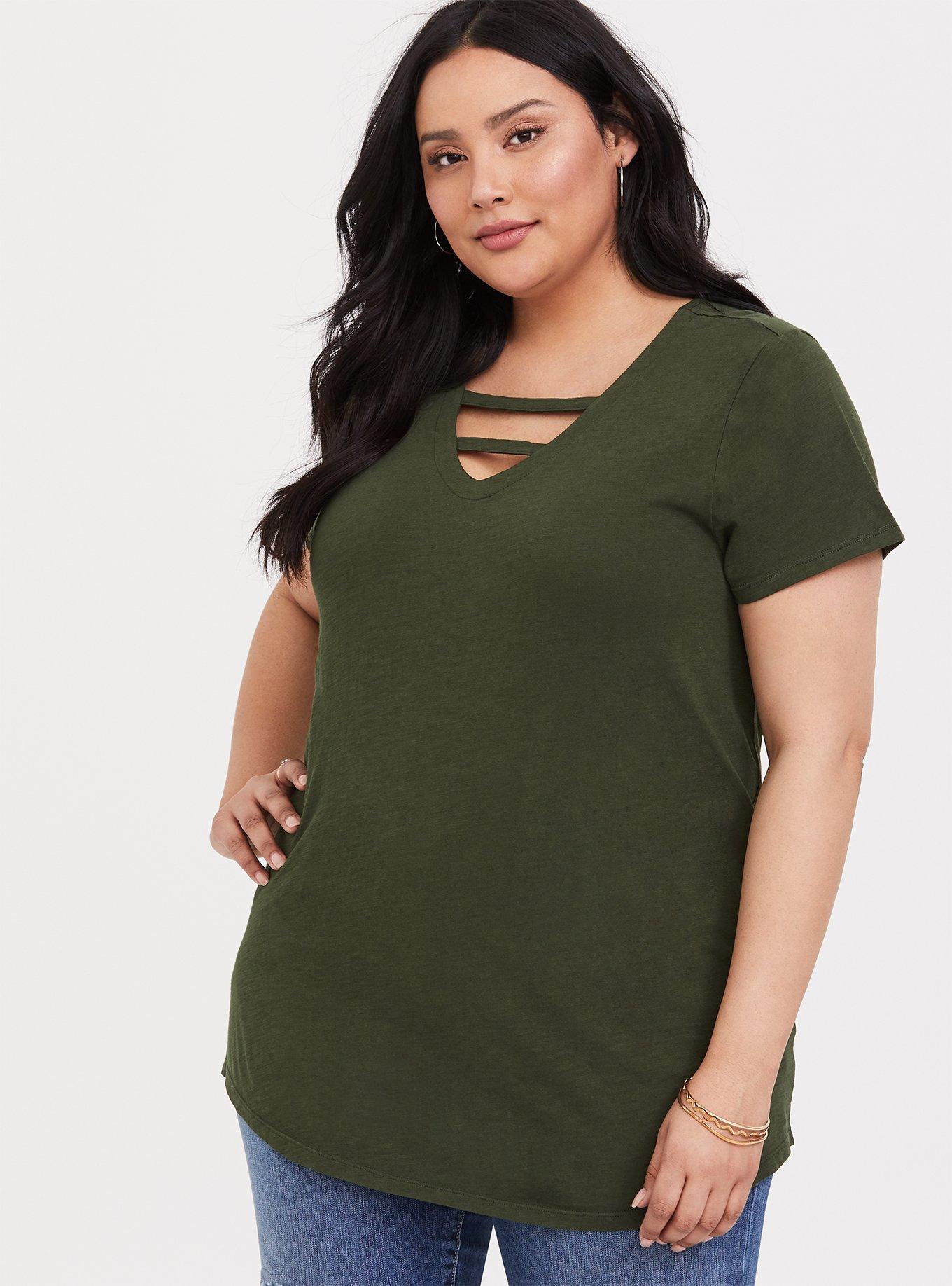 Plus Size Premium Olive Ladder Neck Tee, DEEP DEPTHS, hi-res