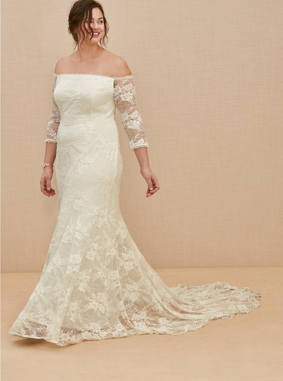 Plus Size - Ivory Off Shoulder Lace & Sequin Wedding Dress - Torrid