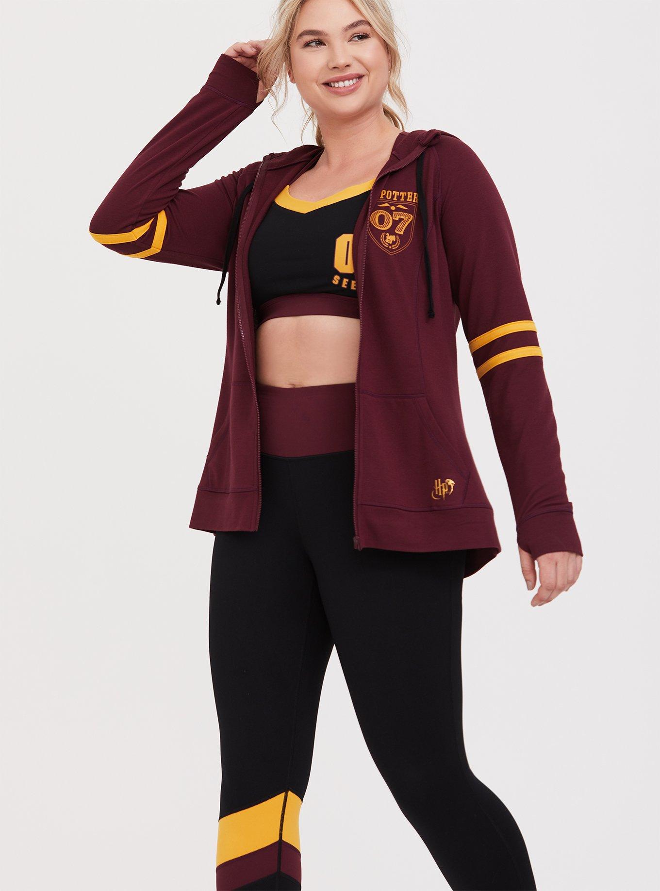 Plus Size Harry Potter Hogwarts Crest Burgundy Purple Varsity Zip Active Hoodie, BURGUNDY, alternate
