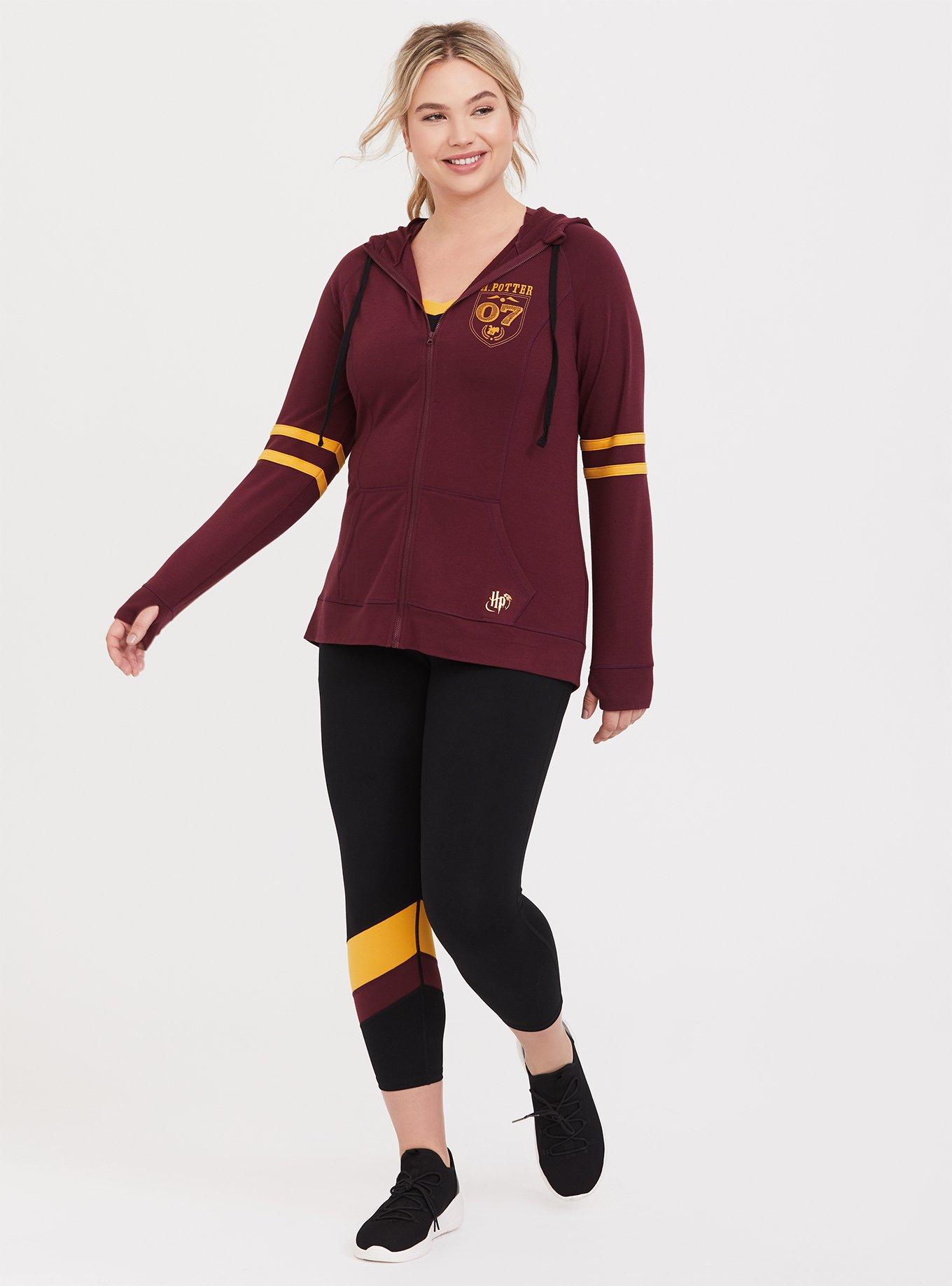 Plus Size Harry Potter Hogwarts Crest Burgundy Purple Varsity Zip Active Hoodie, BURGUNDY, alternate