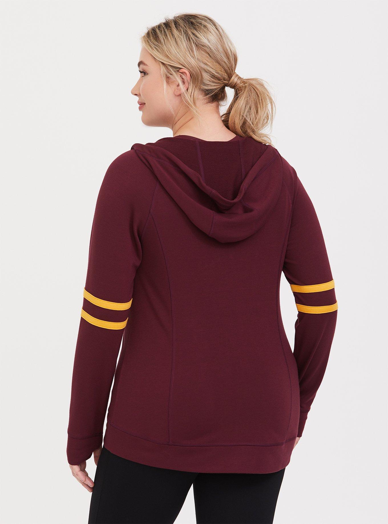 Plus Size Harry Potter Hogwarts Crest Burgundy Purple Varsity Zip Active Hoodie, BURGUNDY, alternate