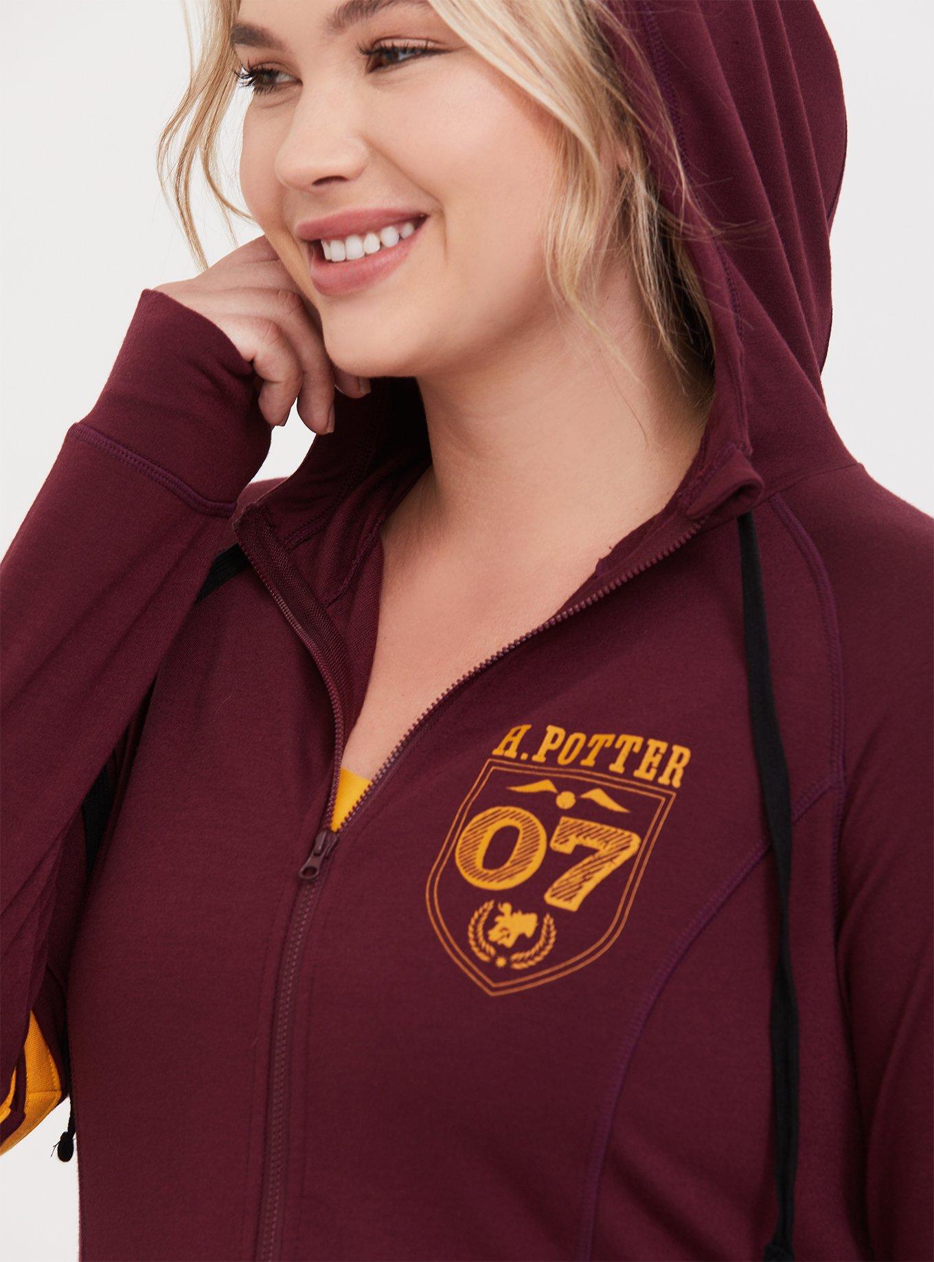 Plus Size Harry Potter Hogwarts Crest Burgundy Purple Varsity Zip Active Hoodie, BURGUNDY, alternate