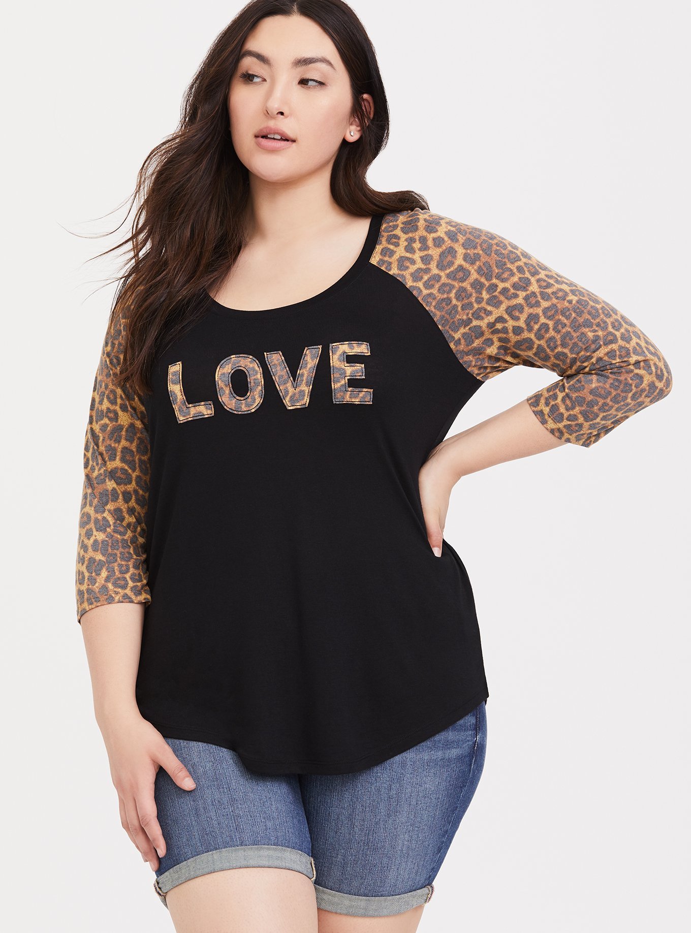 Plus Size - Black & Leopard Love Raglan Tee - Torrid