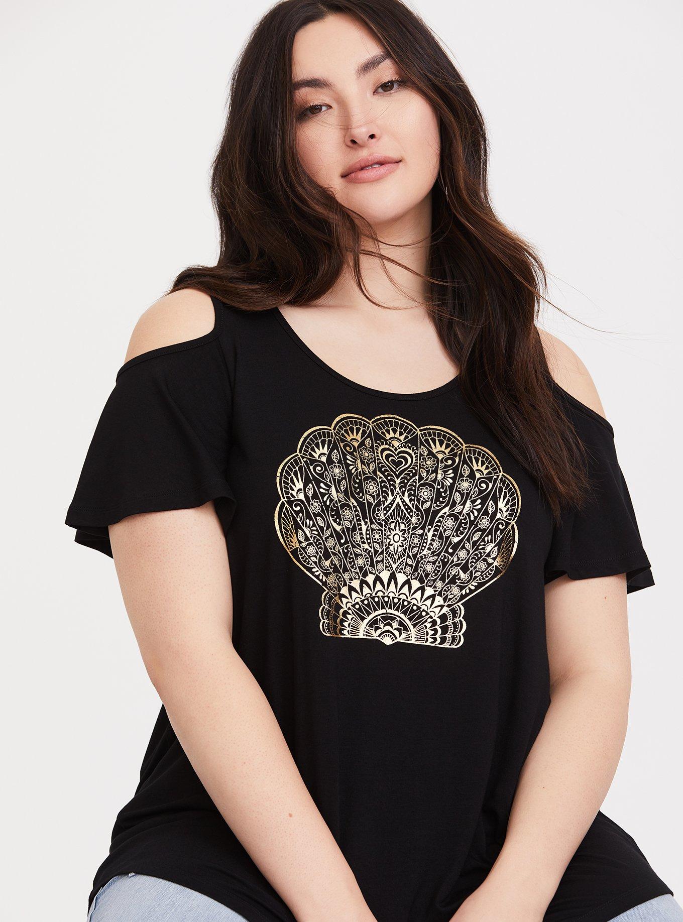 Super Soft Black Henna Shell Cold Shoulder Tee, DEEP BLACK, alternate