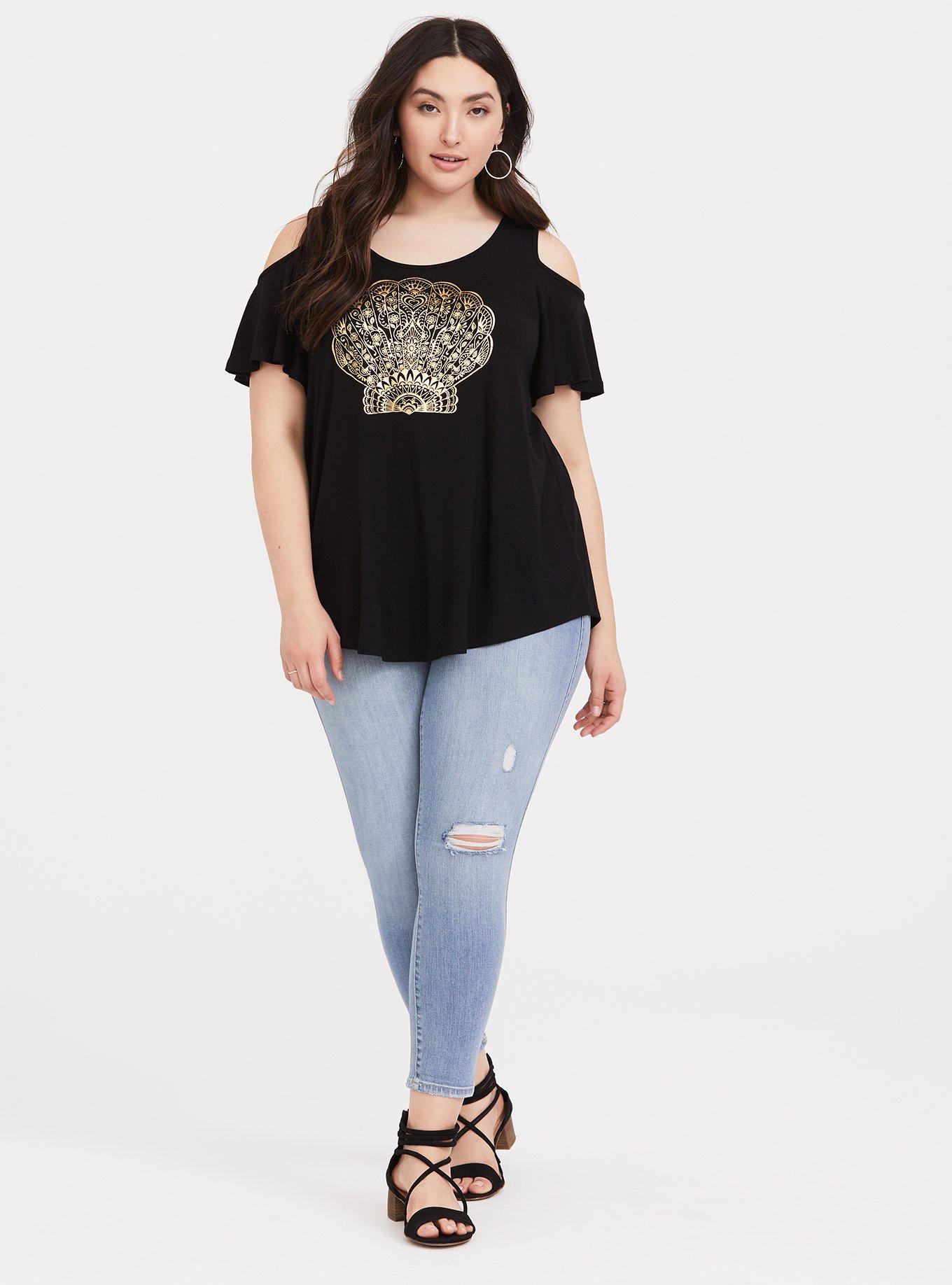 Super Soft Black Henna Shell Cold Shoulder Tee, DEEP BLACK, alternate
