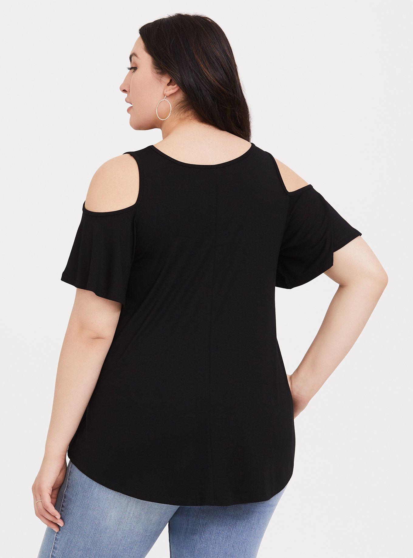 Super Soft Black Henna Shell Cold Shoulder Tee, DEEP BLACK, alternate