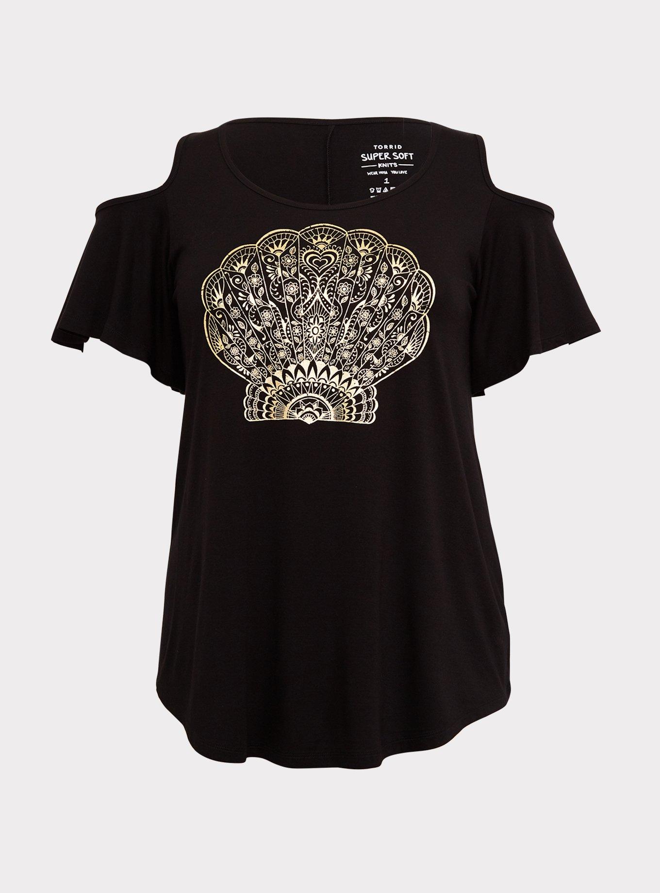 Super Soft Black Henna Shell Cold Shoulder Tee, DEEP BLACK, hi-res