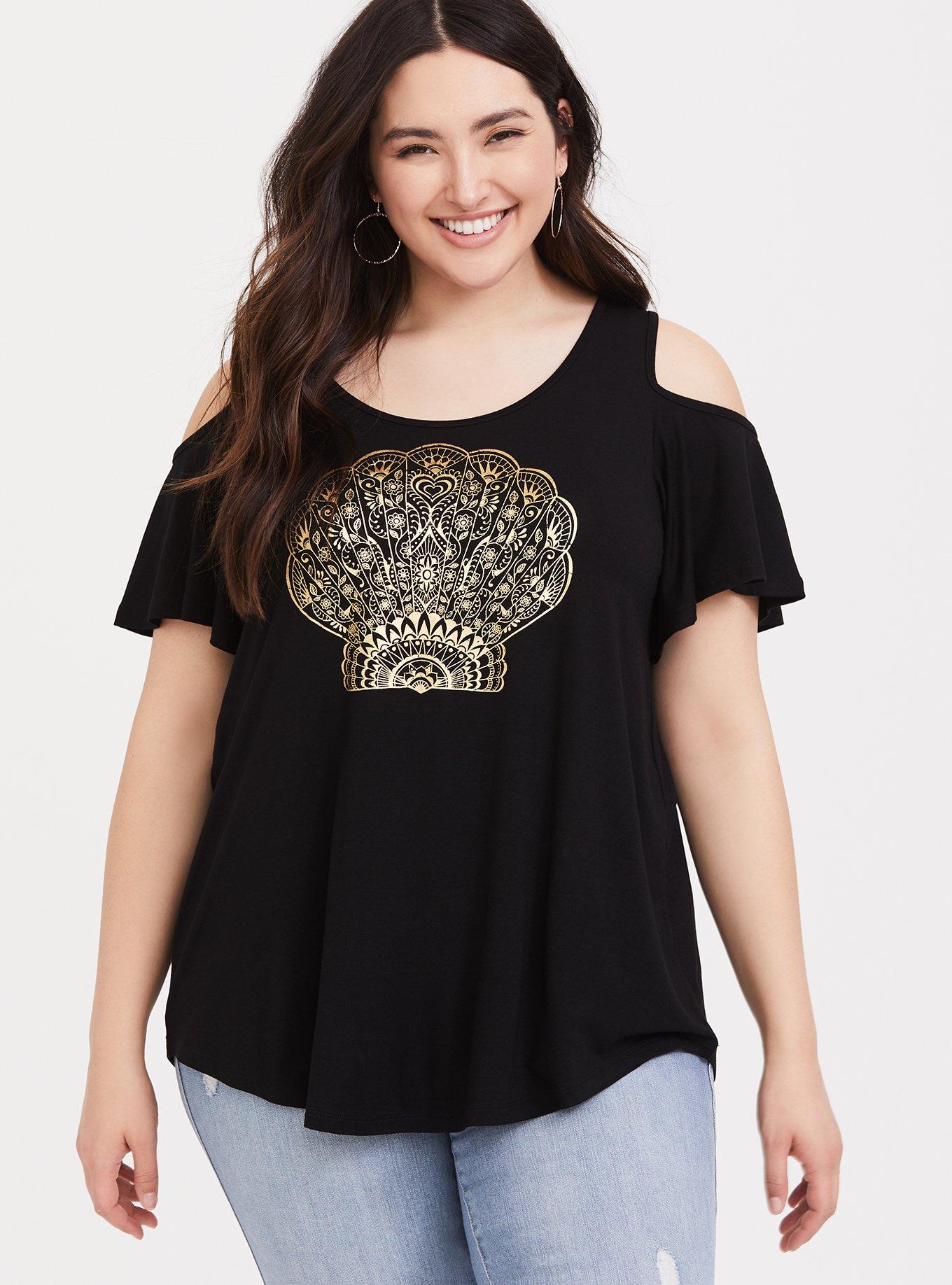 Super Soft Black Henna Shell Cold Shoulder Tee, DEEP BLACK, hi-res