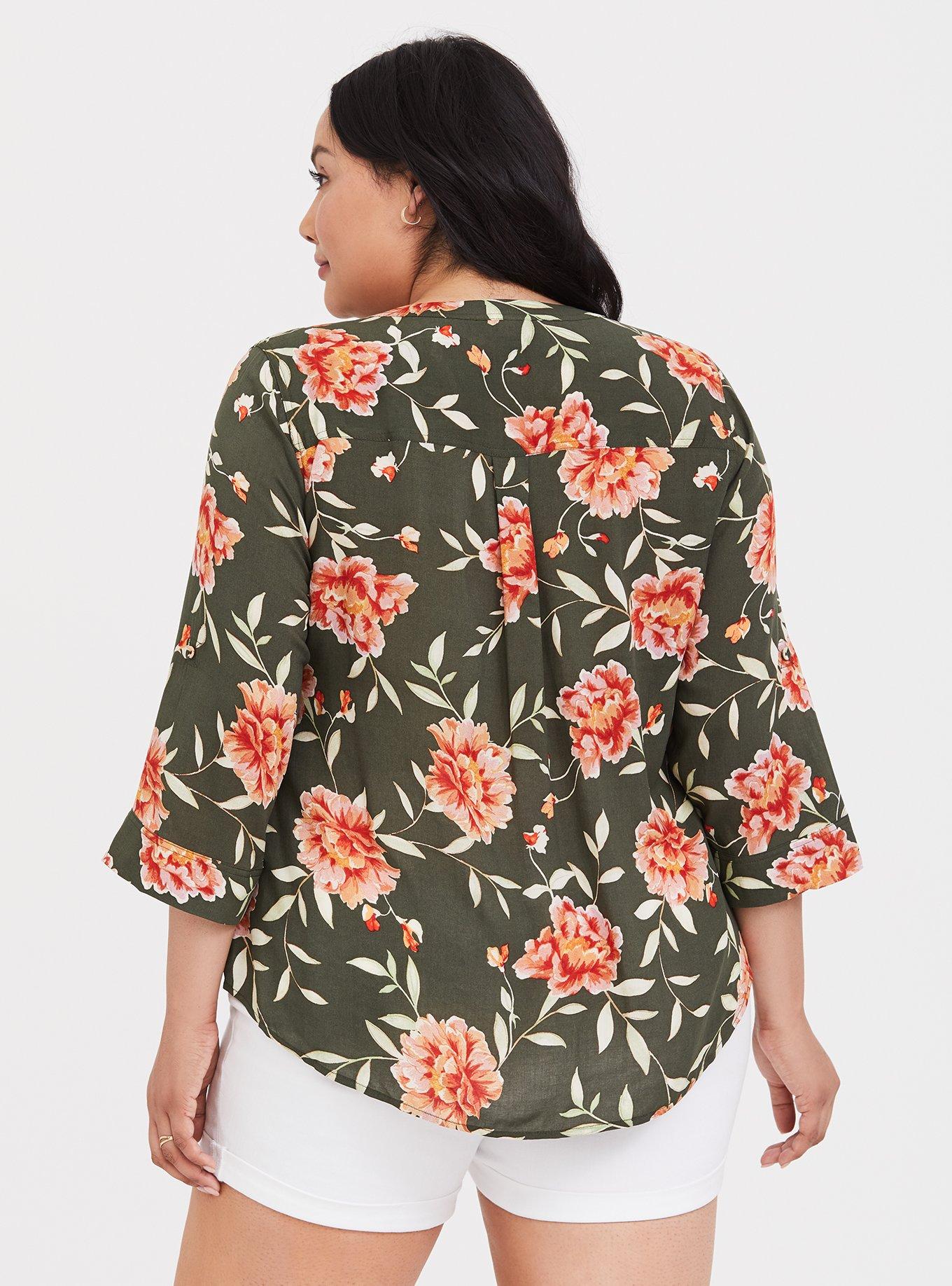 Harper - Olive Green Floral Challis Pullover Blouse, GREEN FLORAL, alternate