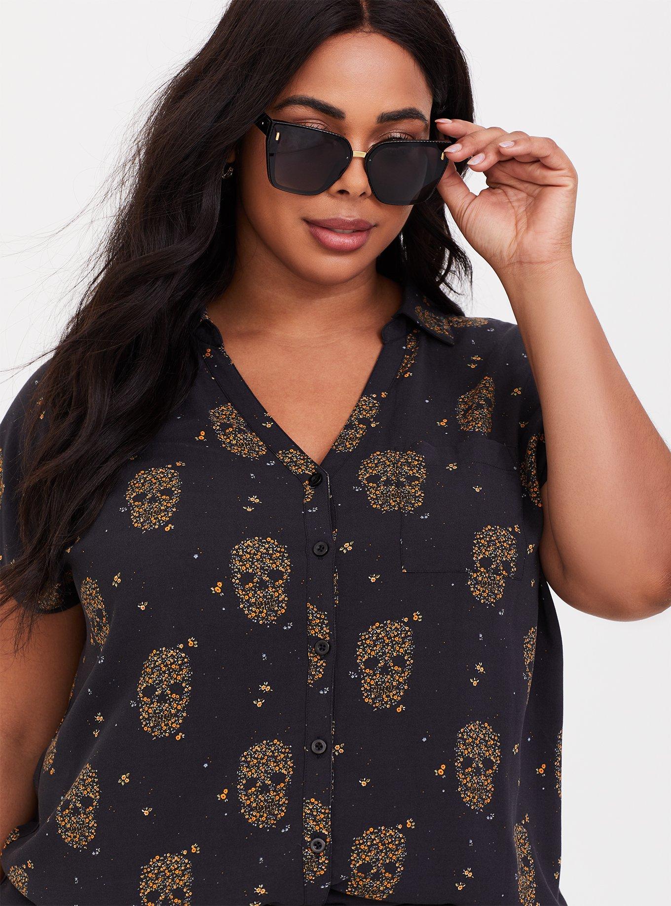 Plus Size Challis Button-Down Dolman Top, SKULL DITSY, alternate