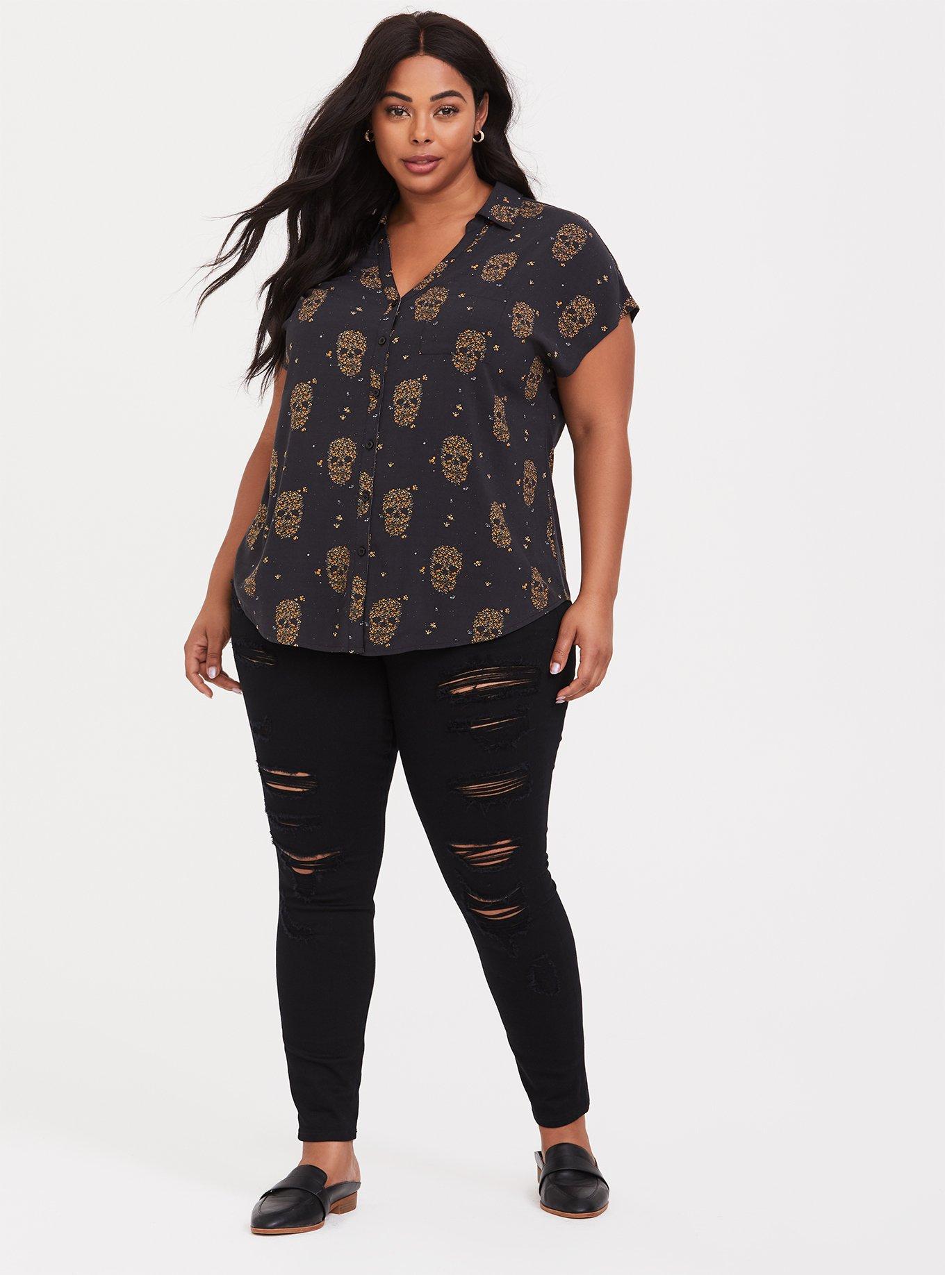 Plus Size Challis Button-Down Dolman Top, SKULL DITSY, alternate