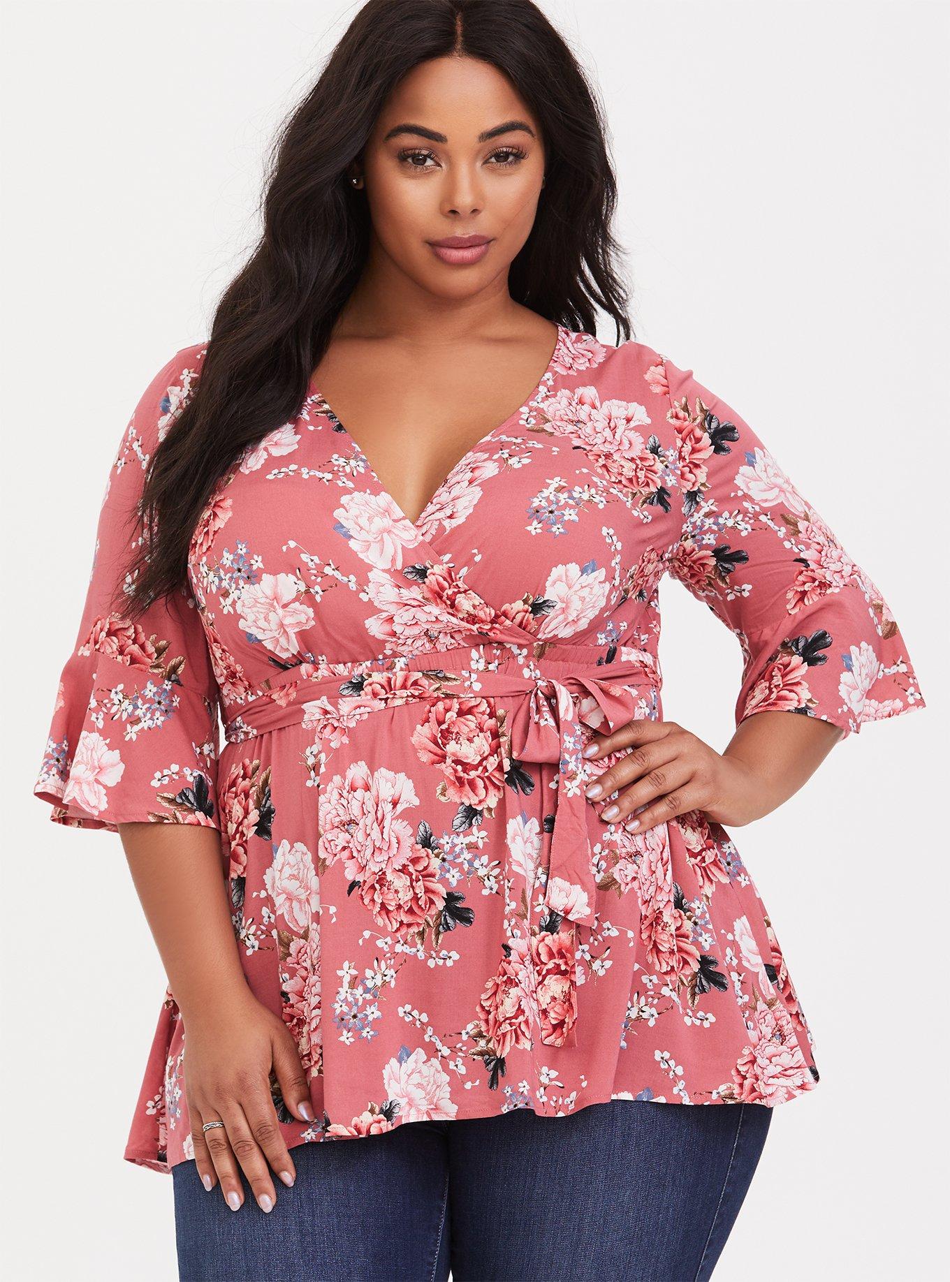 Torrid 1 Women's Babydoll Stretch Challis Pink Floral Top 1X - $24