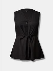 Plus Size Peplum Georgette Button-Front Tie-Front Blouse, DEEP BLACK, hi-res