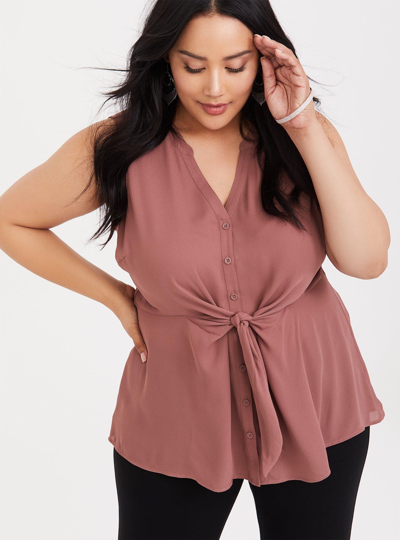 Plus Size - Peplum Georgette Button-Front Tie-Front Blouse