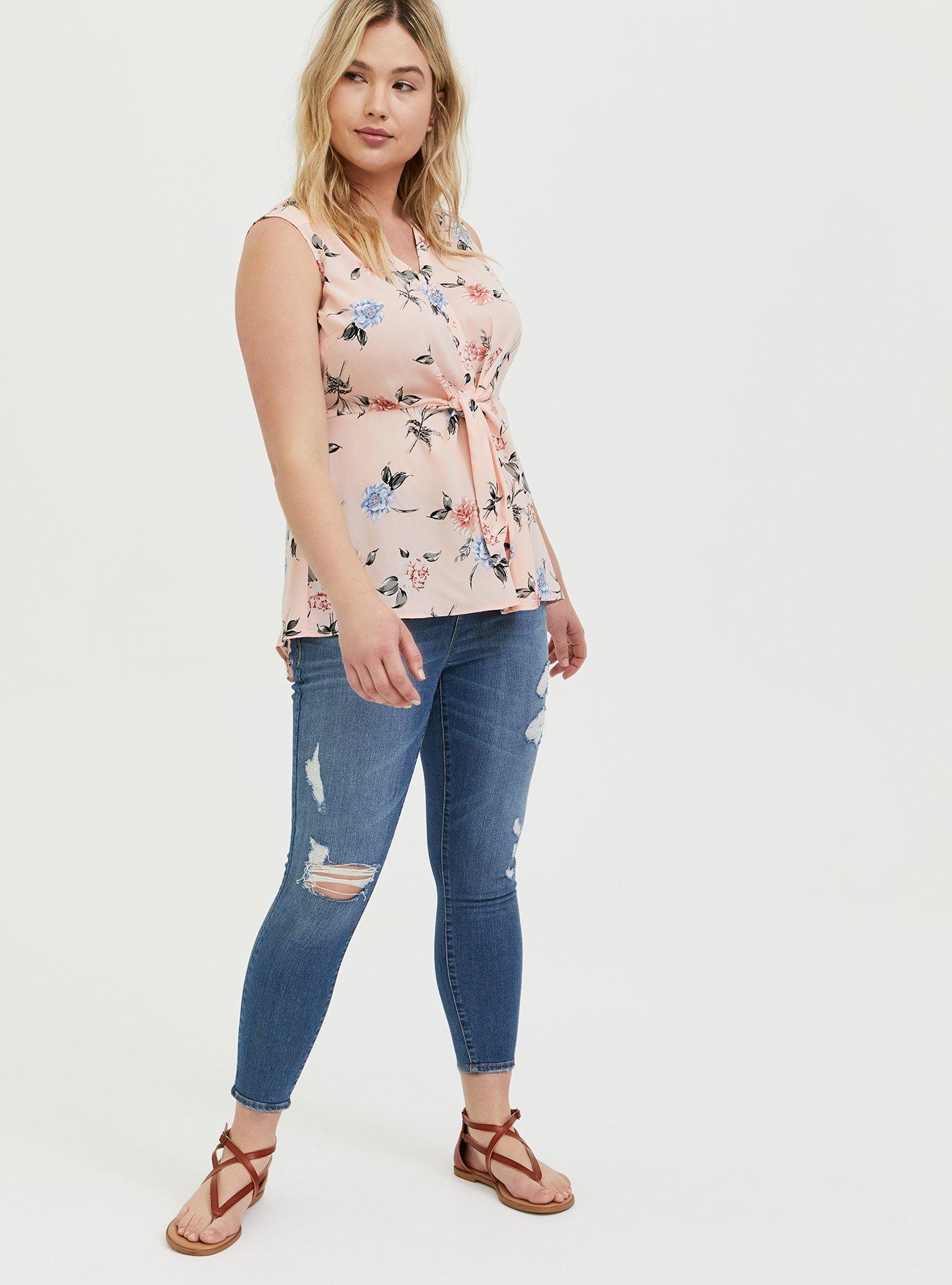Peplum Georgette Button-Front Tie-Front Blouse, PEACH FLORAL, alternate