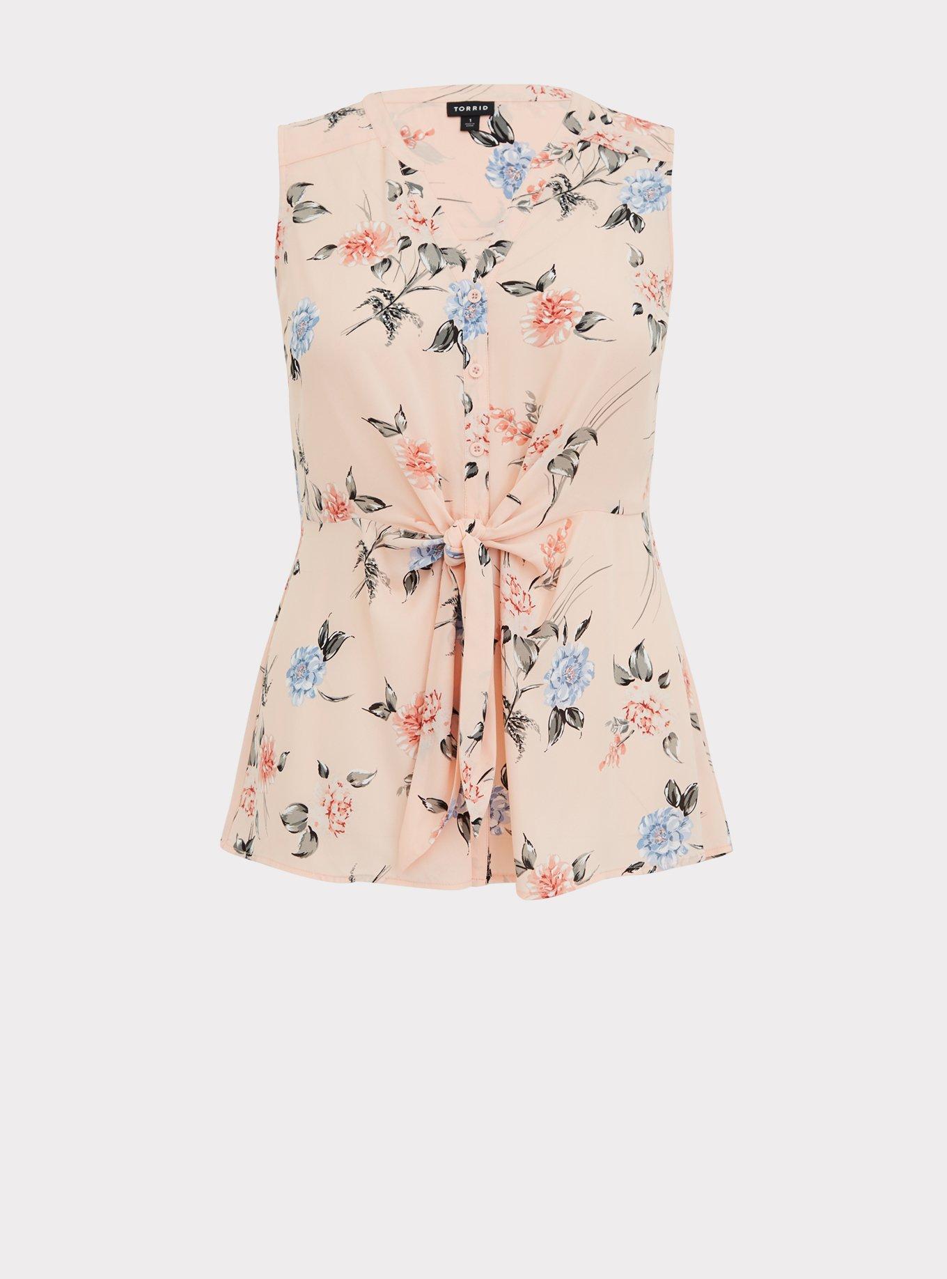 Peplum Georgette Button-Front Tie-Front Blouse, PEACH FLORAL, hi-res