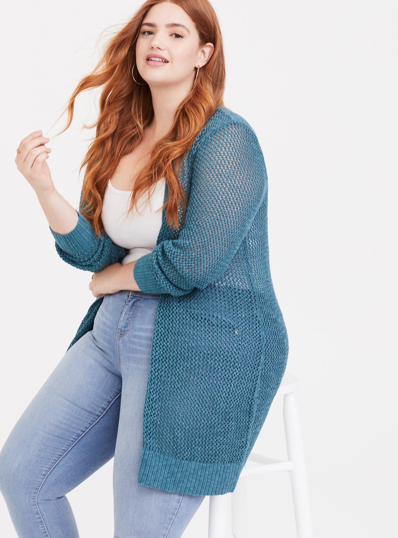 Plus Size Teal Open Knit Boyfriend Cardigan, HYDRO TEAL, alternate