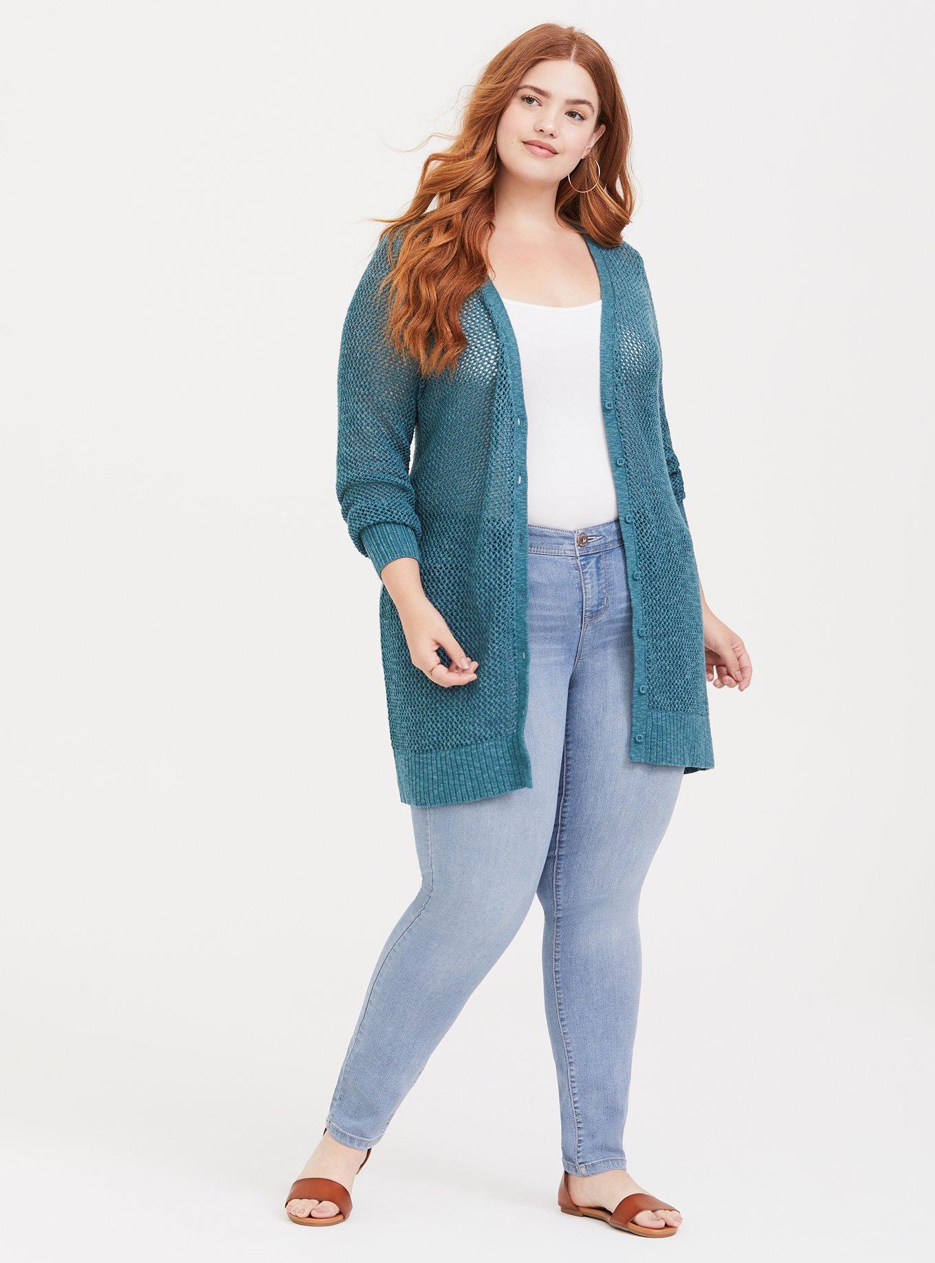 Plus Size Teal Open Knit Boyfriend Cardigan, HYDRO TEAL, alternate