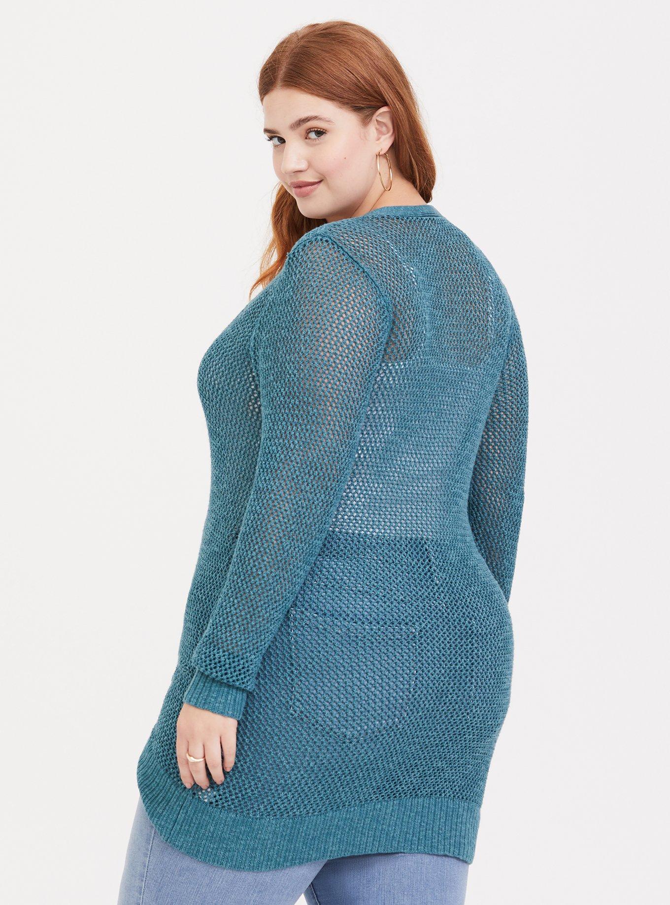 Plus Size Teal Open Knit Boyfriend Cardigan, HYDRO TEAL, alternate