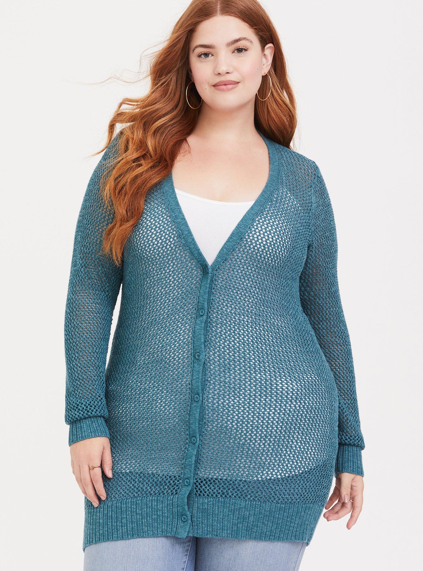 Plus Size Teal Open Knit Boyfriend Cardigan, HYDRO TEAL, alternate