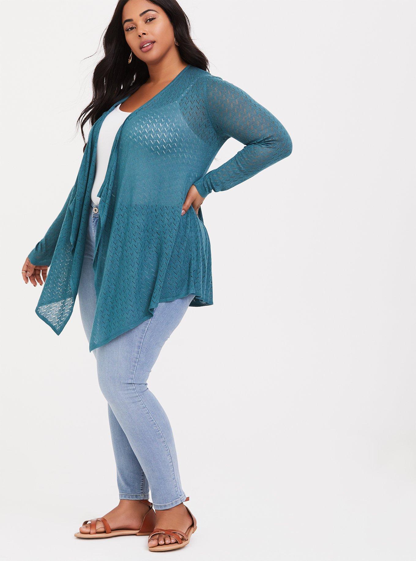 Plus Size Teal Pointelle Drape Cardigan, HYDRO TEAL, alternate