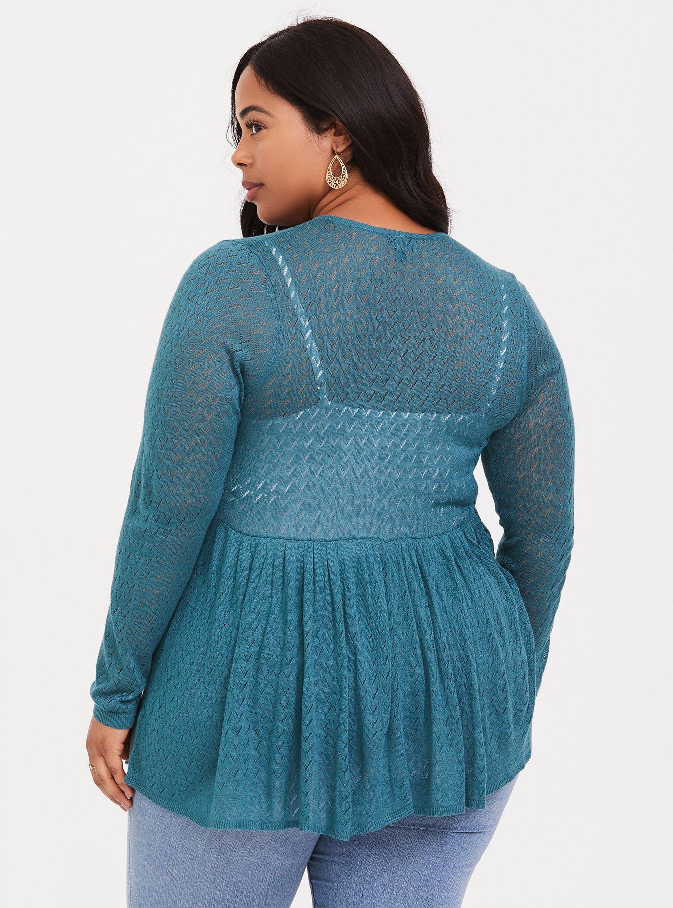 Plus Size Teal Pointelle Drape Cardigan, HYDRO TEAL, alternate