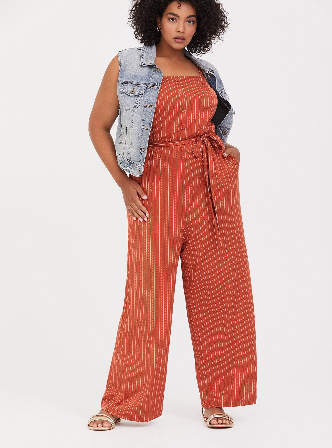 Rust Orange Stripe Challis Wide Leg Jumpsuit, RED DOT, alternate