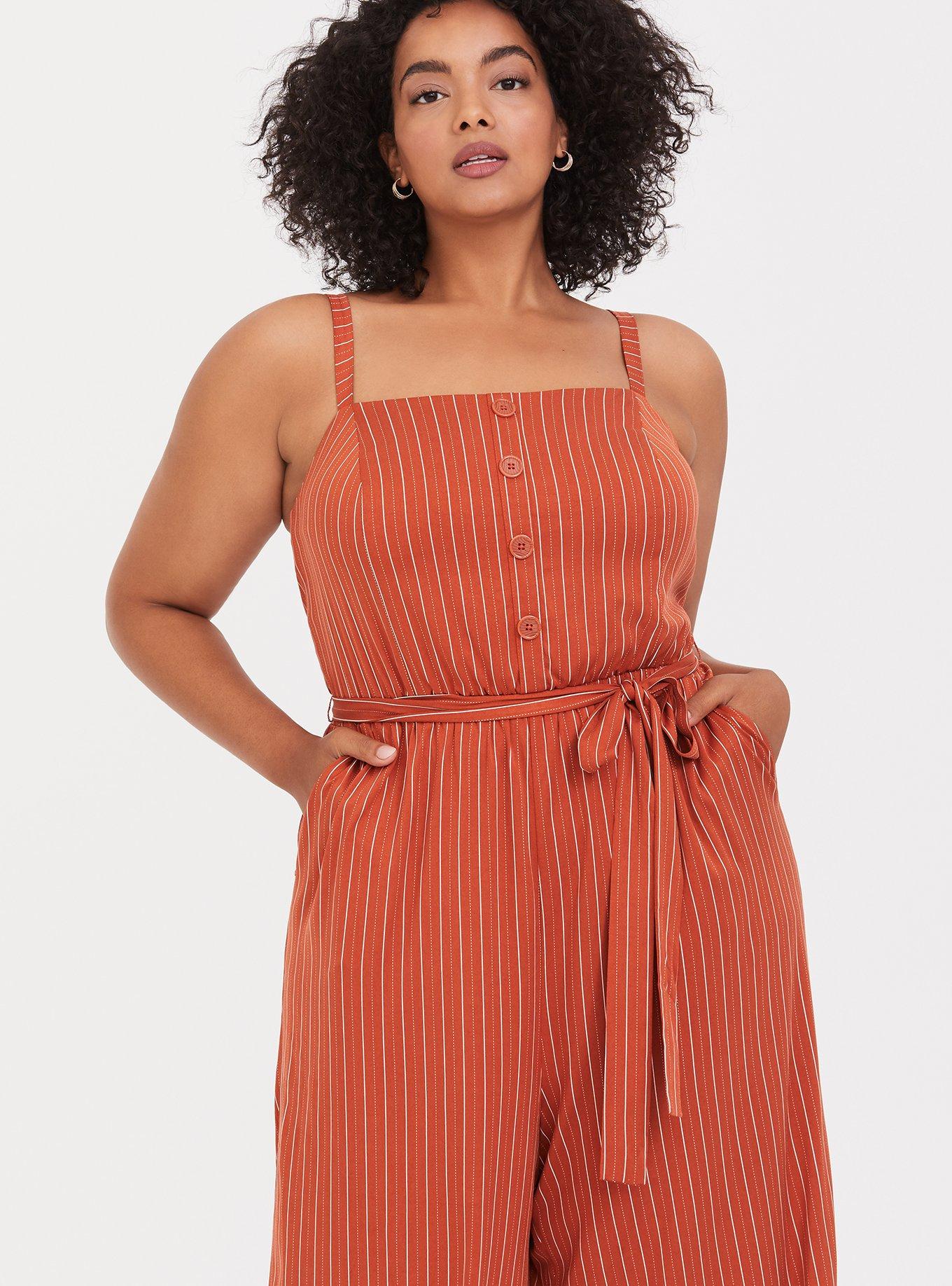 Plus Size - Rust Orange Stripe Challis Wide Leg Jumpsuit - Torrid