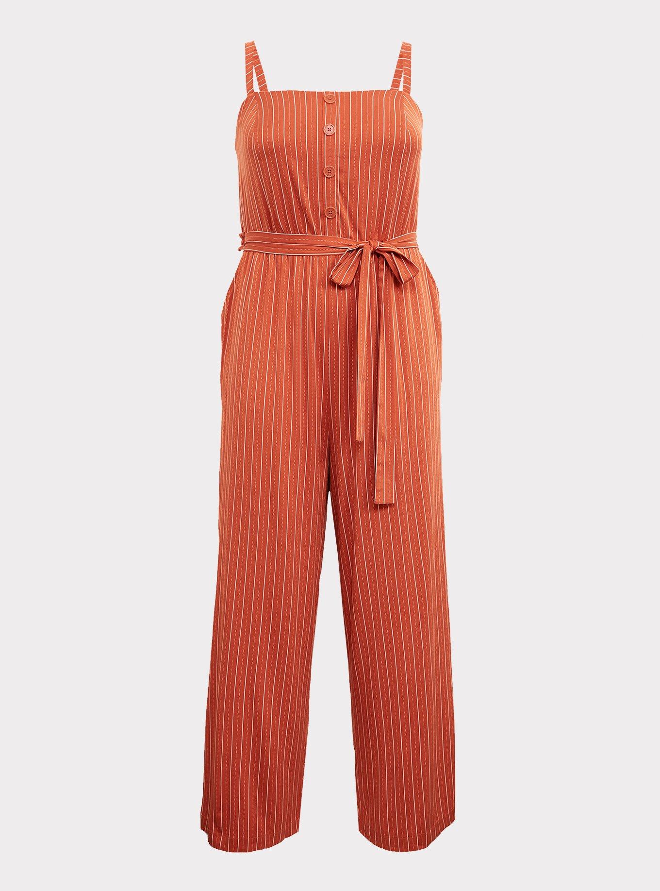 Rust Orange Stripe Challis Wide Leg Jumpsuit, , hi-res