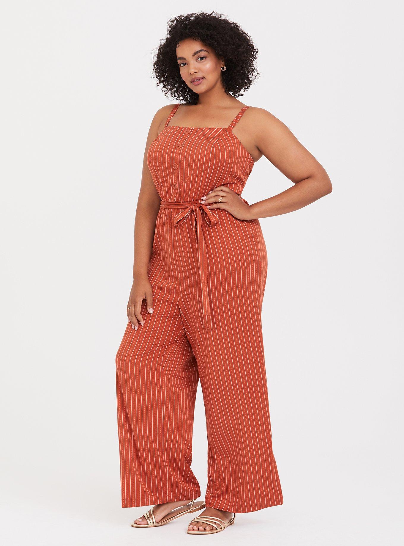 Rust Orange Stripe Challis Wide Leg Jumpsuit, , hi-res