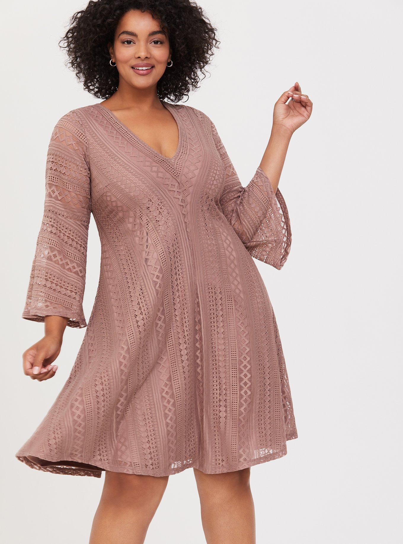 Taupe Lace Bell Sleeve Trapeze Dress, WARMED STONE, alternate