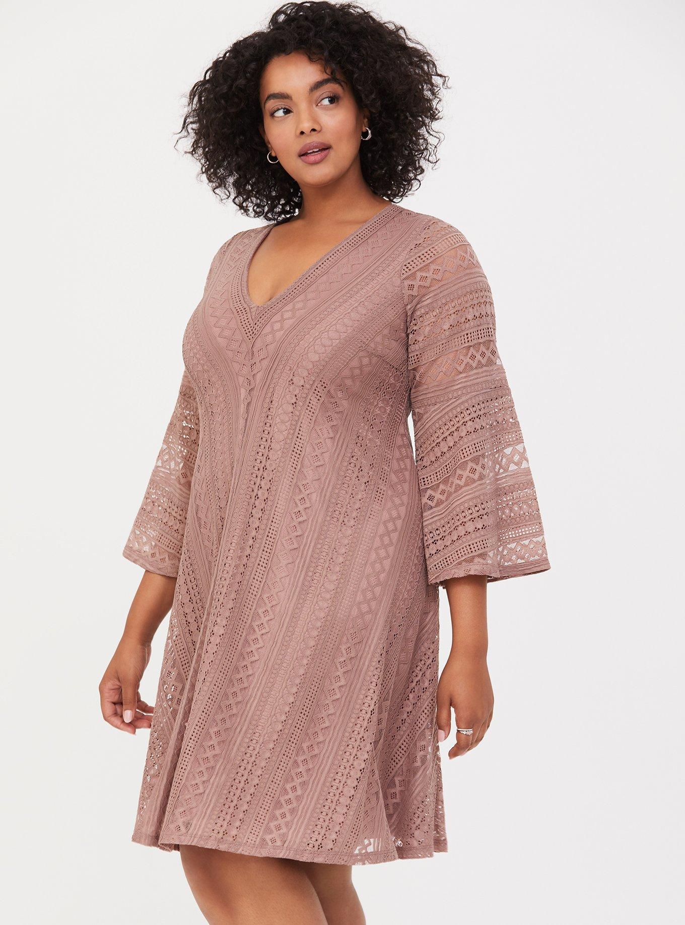 Taupe Lace Bell Sleeve Trapeze Dress, WARMED STONE, alternate
