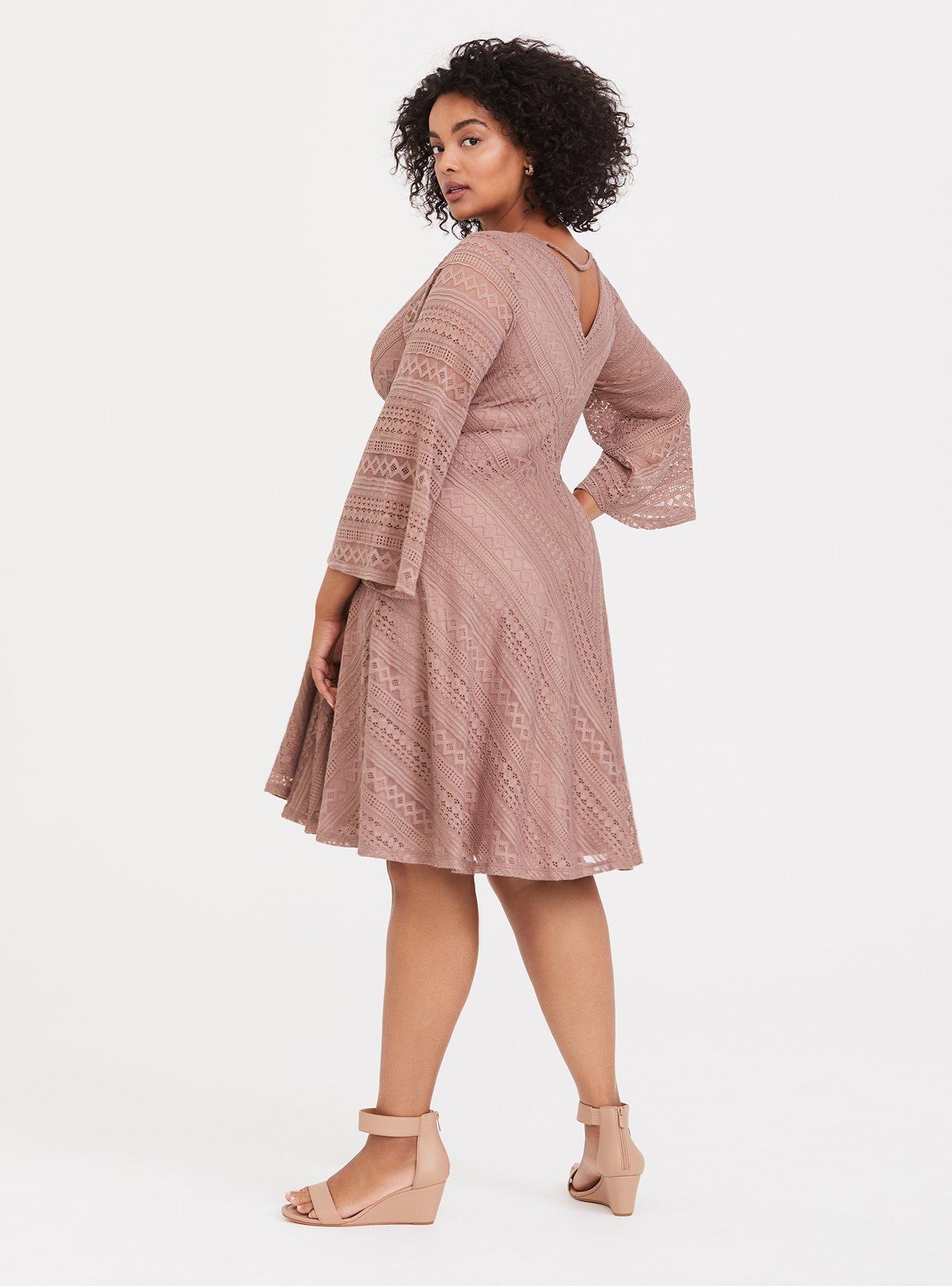 Taupe Lace Bell Sleeve Trapeze Dress, WARMED STONE, alternate