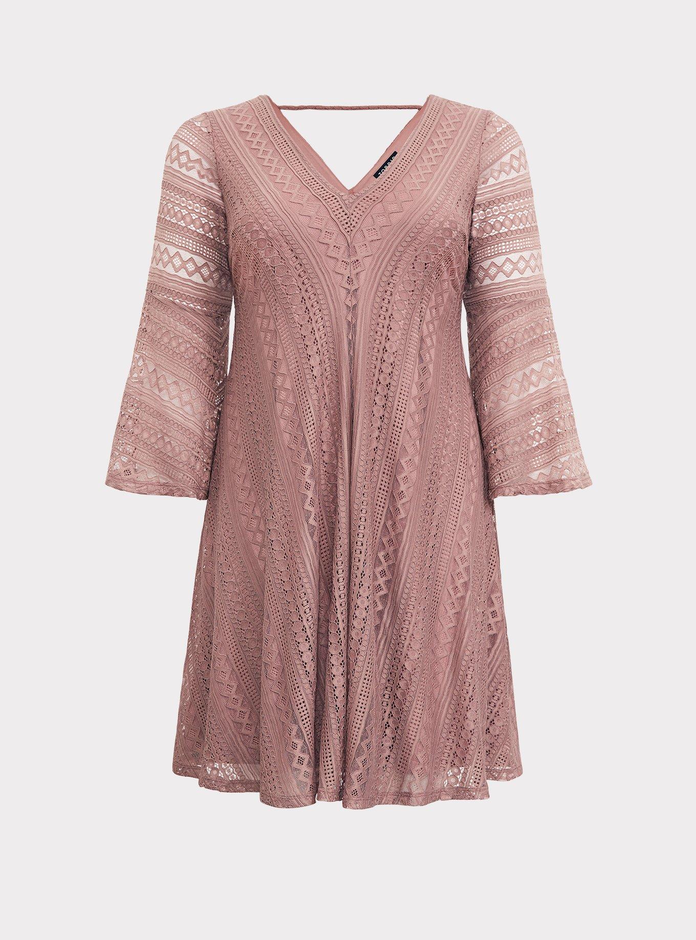 Taupe Lace Bell Sleeve Trapeze Dress, , hi-res