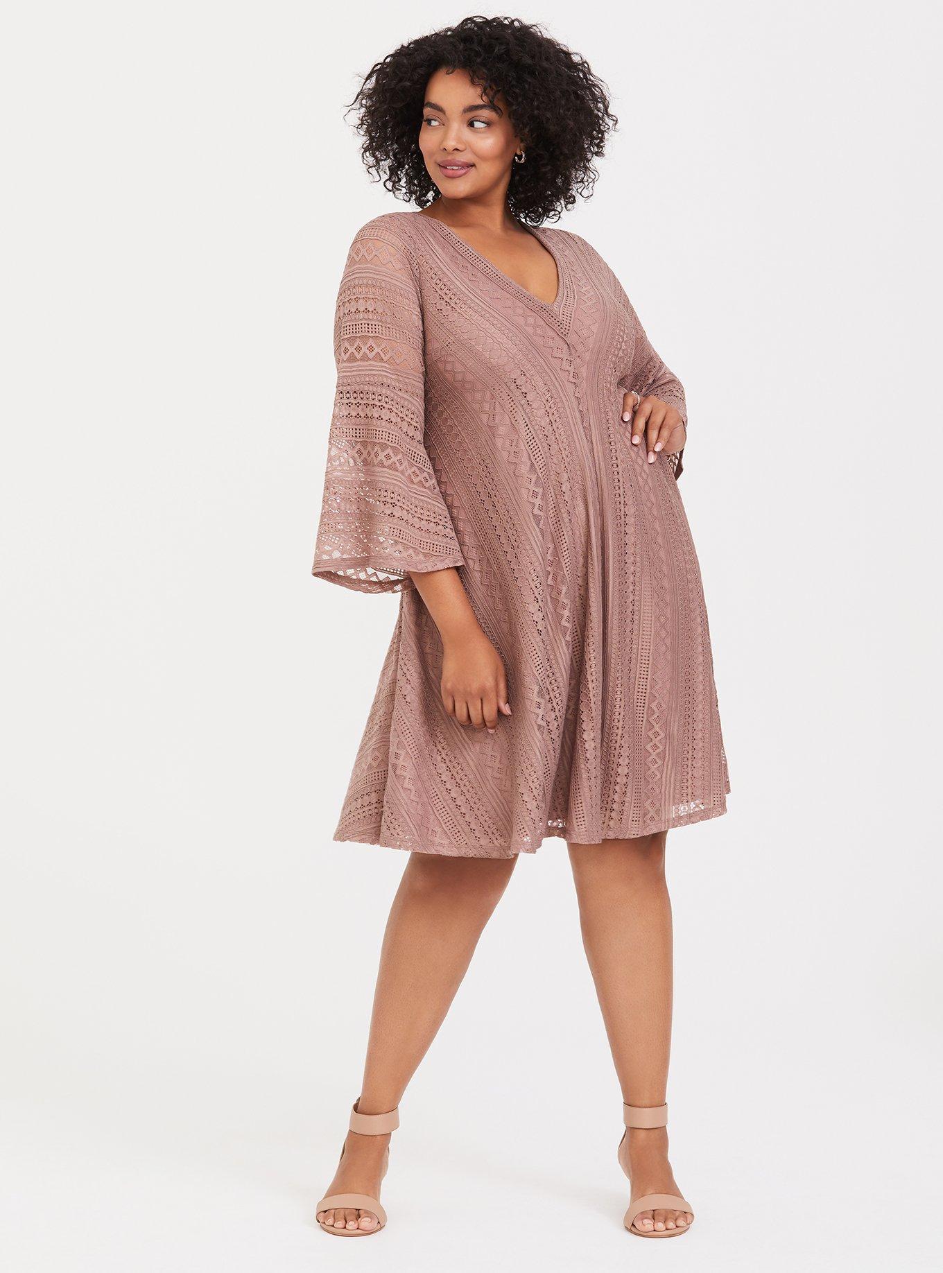 Taupe Lace Bell Sleeve Trapeze Dress, , hi-res