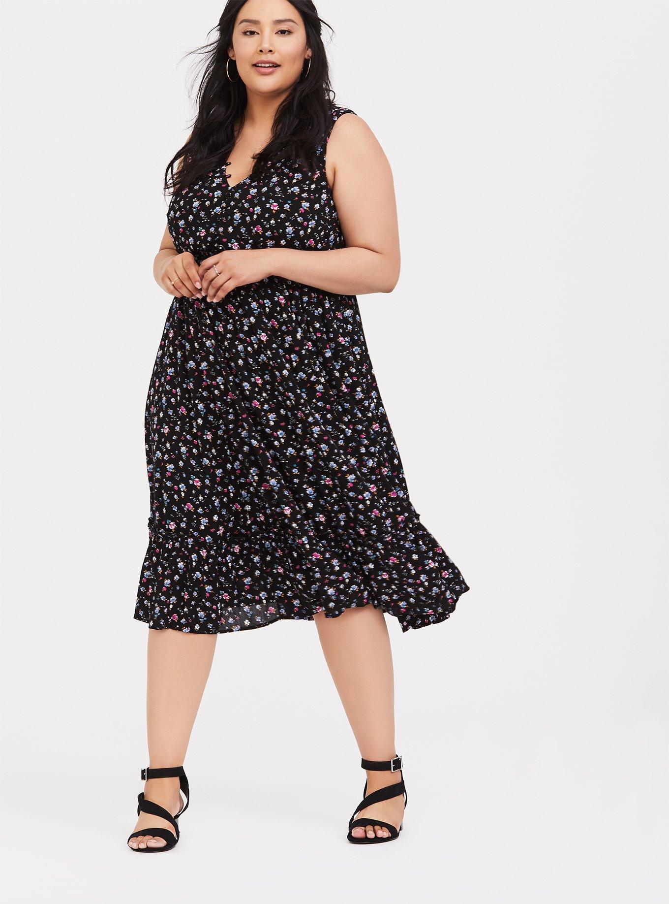 Plus Size Black Floral Tiered Gauze Midi Dress, NEON DITSY, alternate