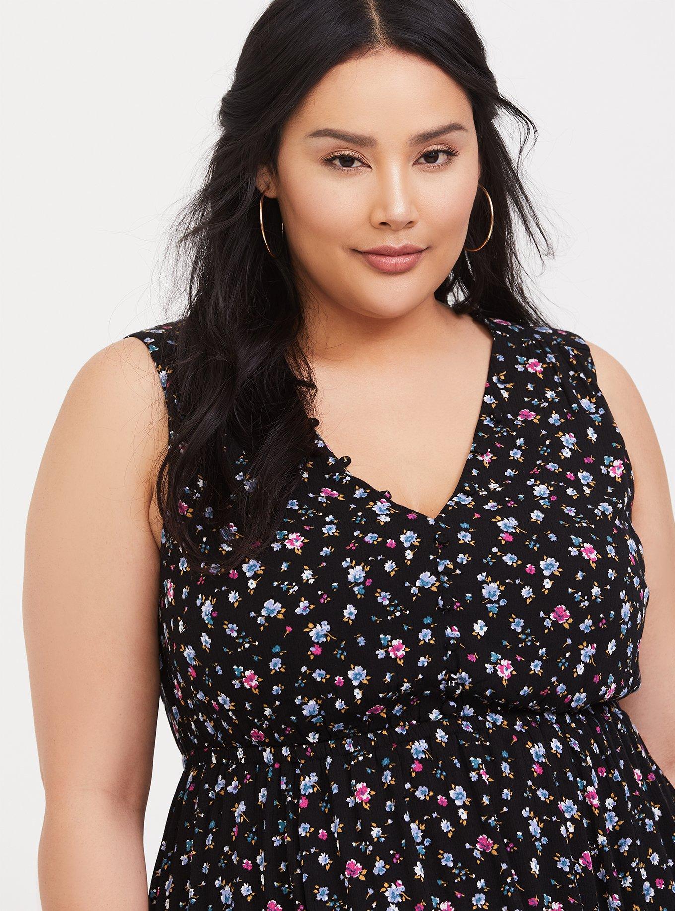 Plus Size Black Floral Tiered Gauze Midi Dress, NEON DITSY, alternate