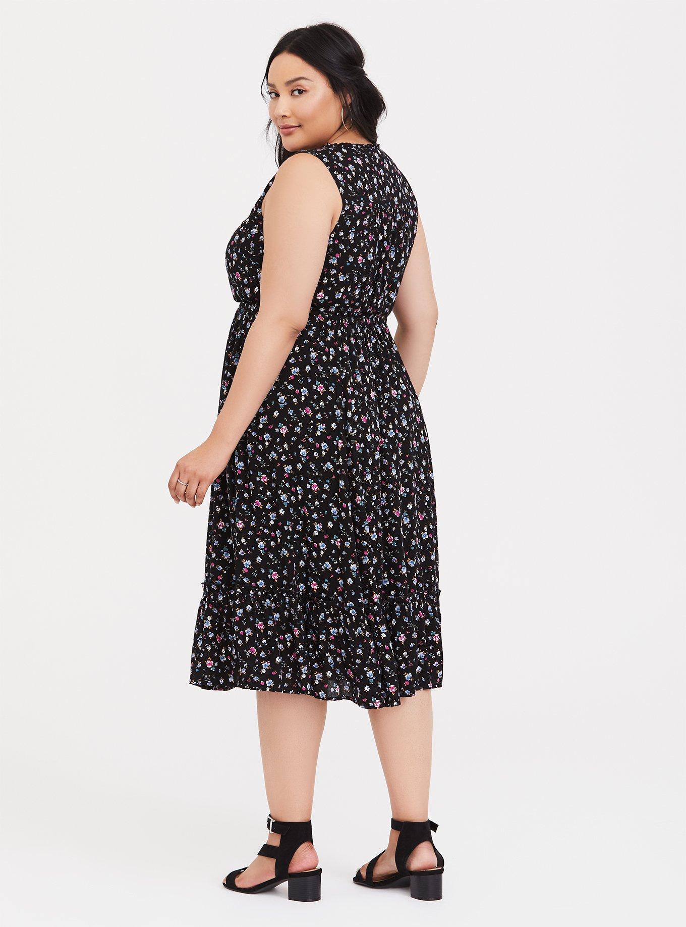 Plus Size Black Floral Tiered Gauze Midi Dress, NEON DITSY, alternate