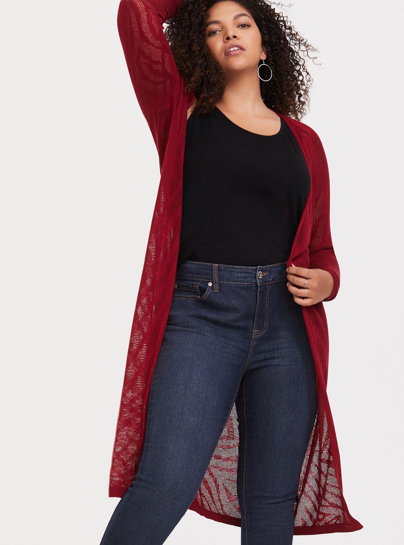 Plus Size Scarlet Red Zebra Open Stitch Cardigan, SCARLET WINE, alternate
