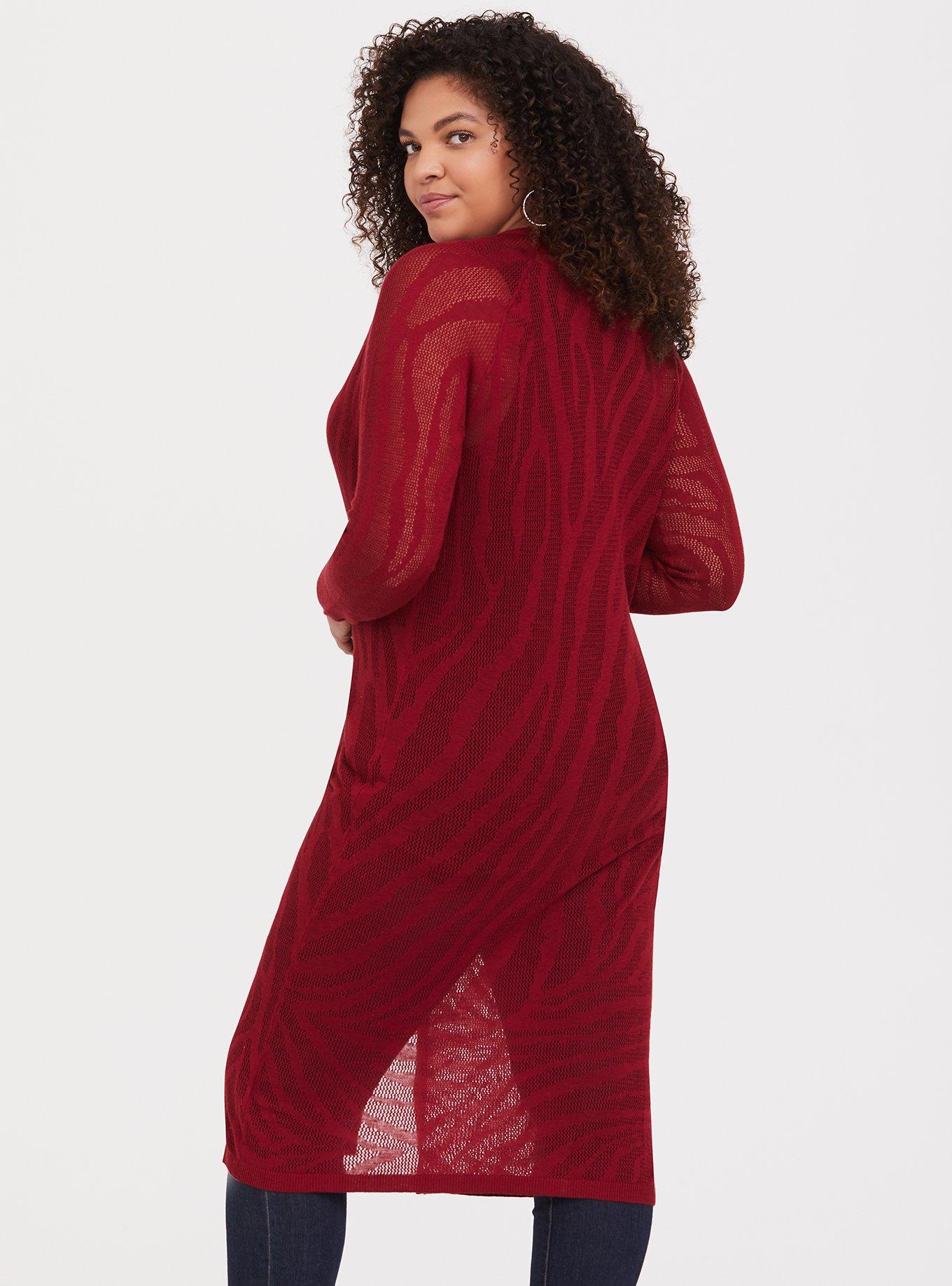 Plus Size Scarlet Red Zebra Open Stitch Cardigan, SCARLET WINE, alternate