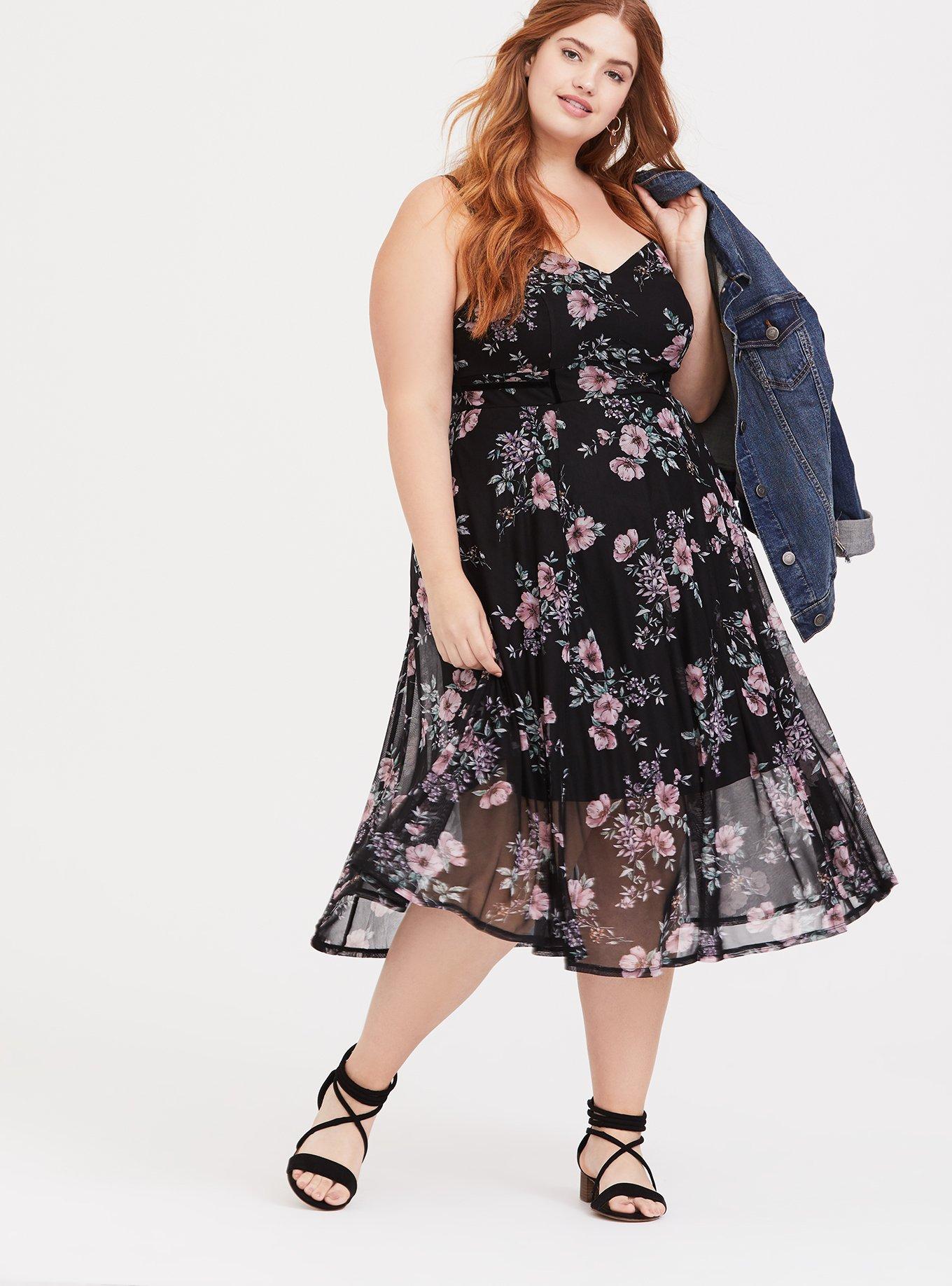 Plus Size - Black Floral Mesh Midi Dress - Torrid